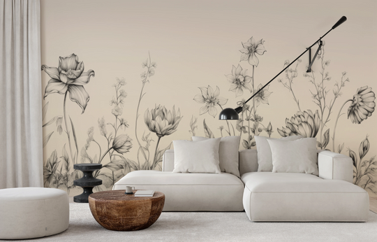 Wzór fototapety artystycznej o nazwie Gentle Petals pokazanej w aranżacji wnętrza.