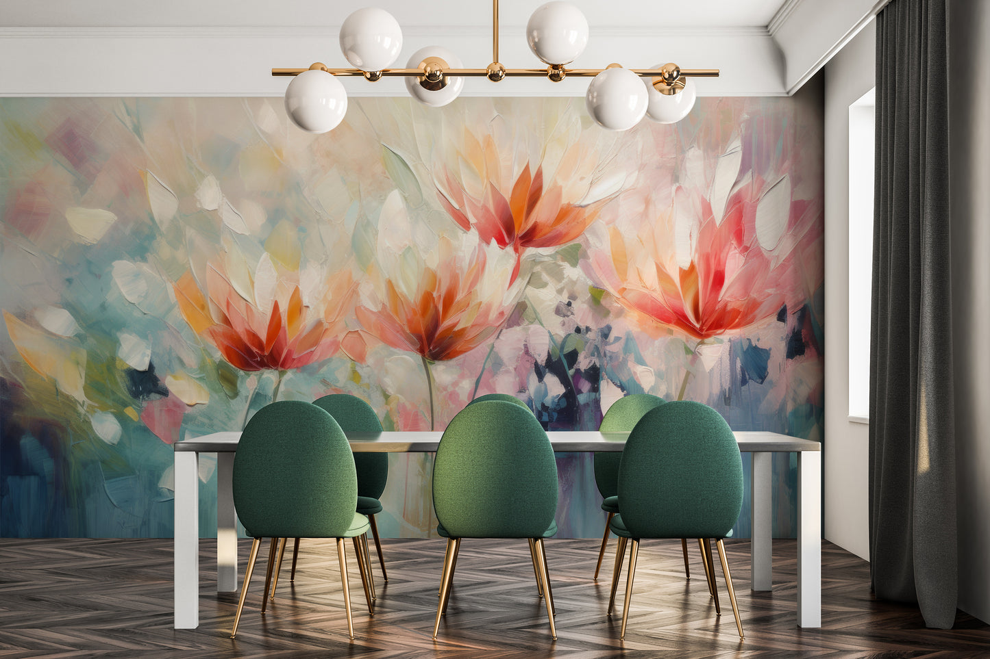 Fototapeta artystyczna o nazwie Vibrant Floral Symphony pokazana w aranżacji wnętrza.