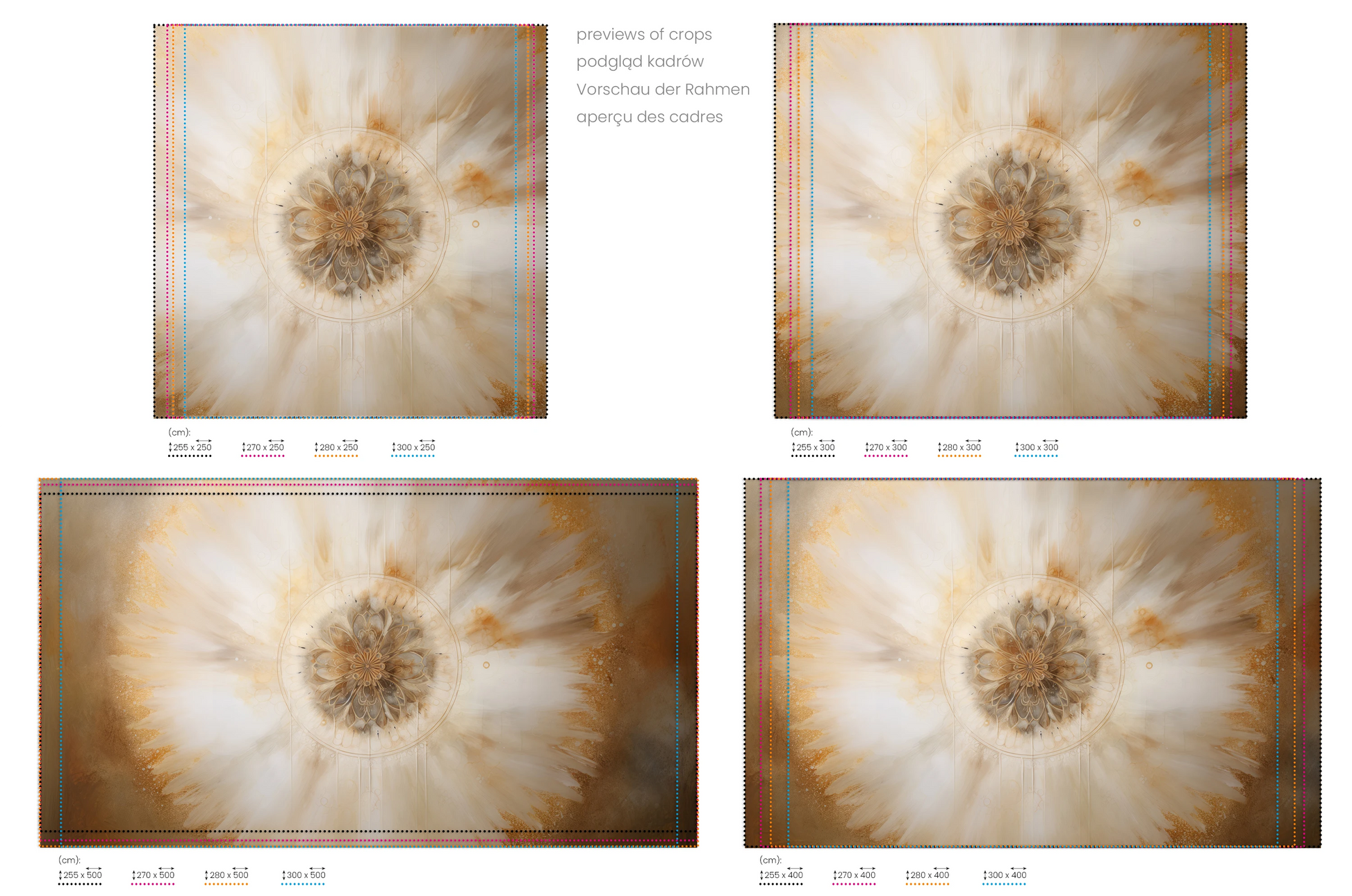 Na obrazie znajduje się prezentacja przykładowych rozmiarów fototapety o nazwie Solar Flare Mandala. Rozmiar fototapety jest dowolny.