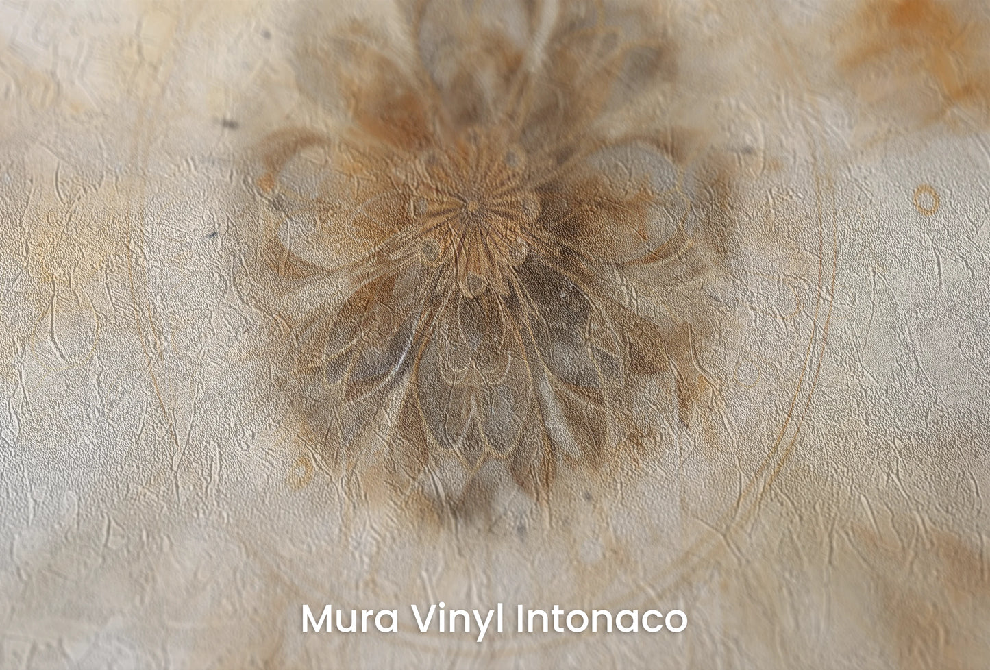 Zbliżenie na artystyczną fototapetę o nazwie Solar Flare Mandala na podłożu Mura Vinyl Intonaco - struktura tartego tynku.