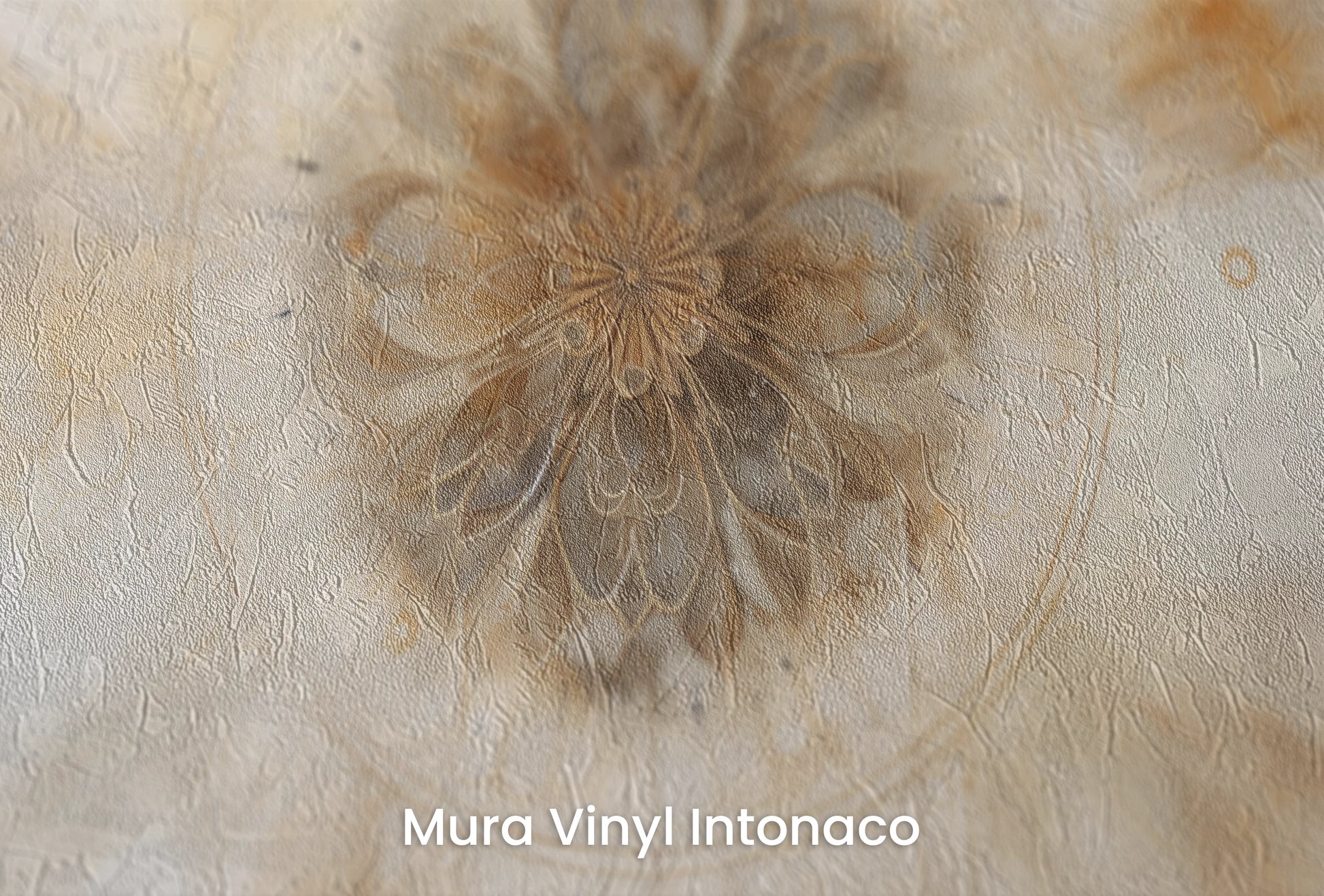 Zbliżenie na artystyczną fototapetę o nazwie Solar Flare Mandala na podłożu Mura Vinyl Intonaco - struktura tartego tynku.