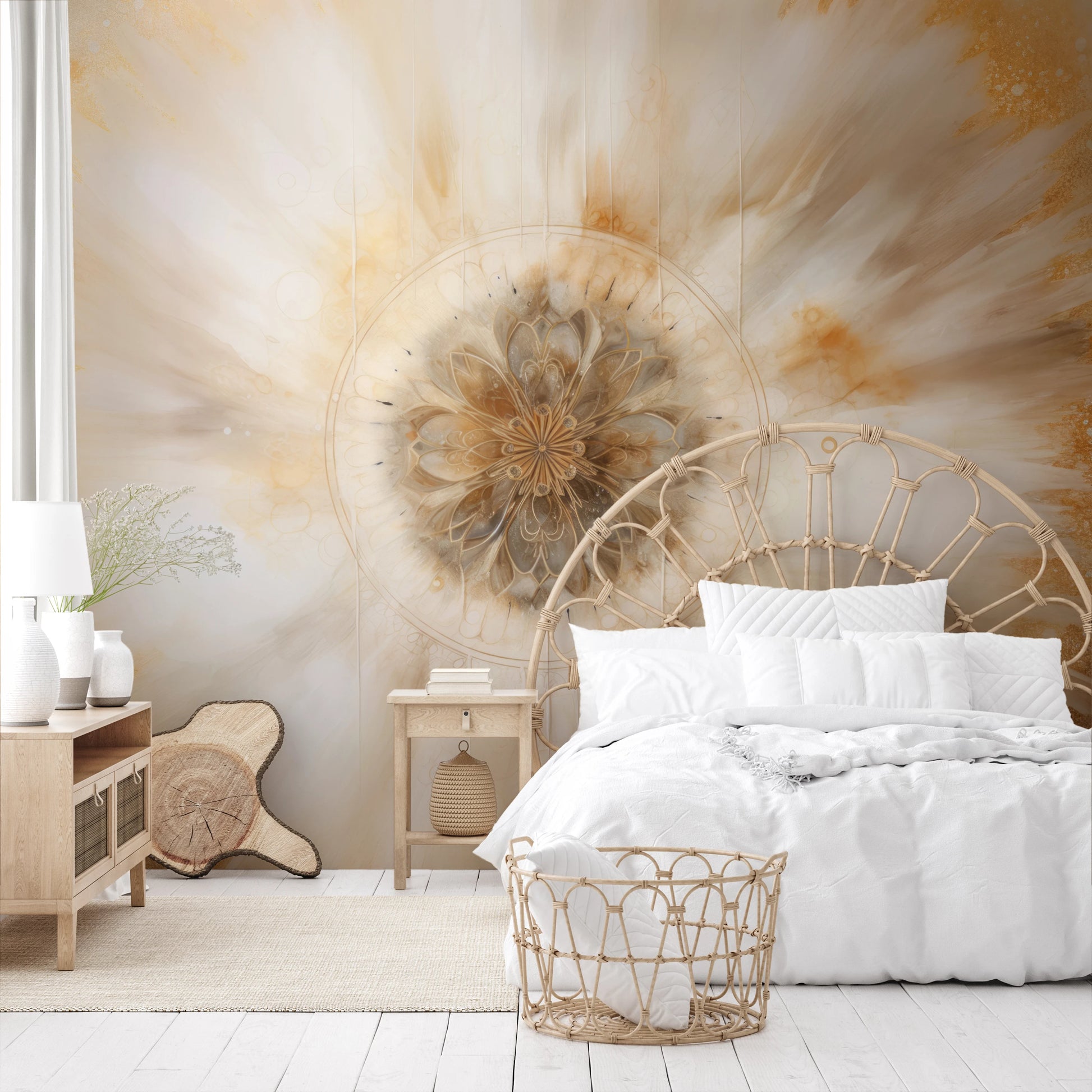 Fototapeta artystyczna o nazwie Solar Flare Mandala pokazana w aranżacji wnętrza.