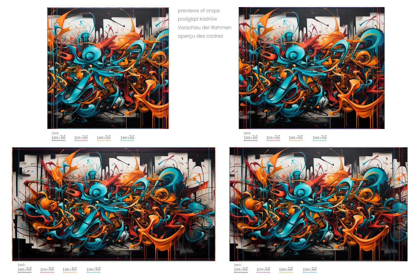 Na obrazie znajduje się prezentacja przykładowych rozmiarów fototapety o nazwie Abstract Turmoil. Rozmiar fototapety jest dowolny.