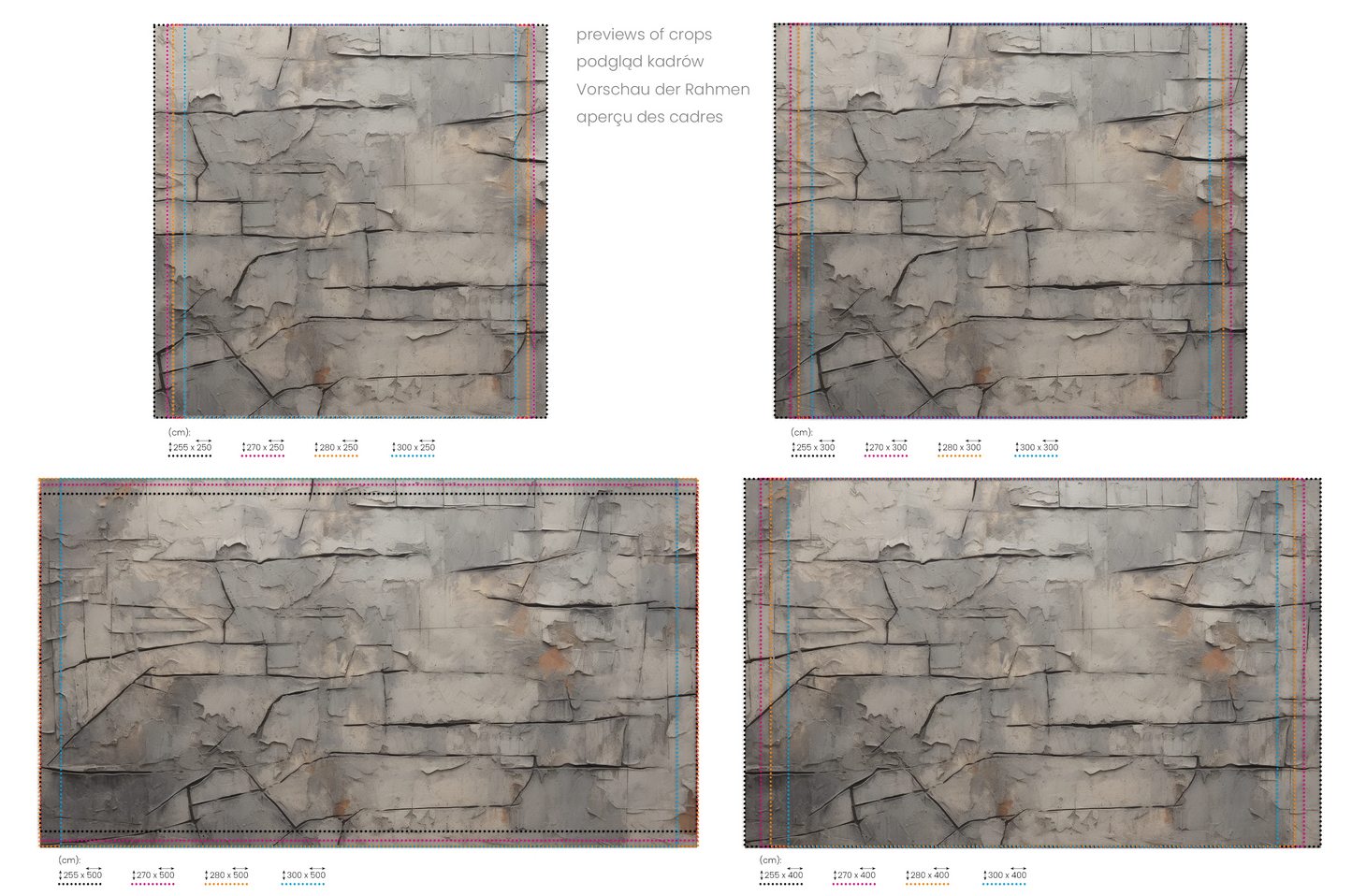 Na obrazie znajduje się prezentacja przykładowych rozmiarów fototapety o nazwie Concrete Fractures. Rozmiar fototapety jest dowolny.