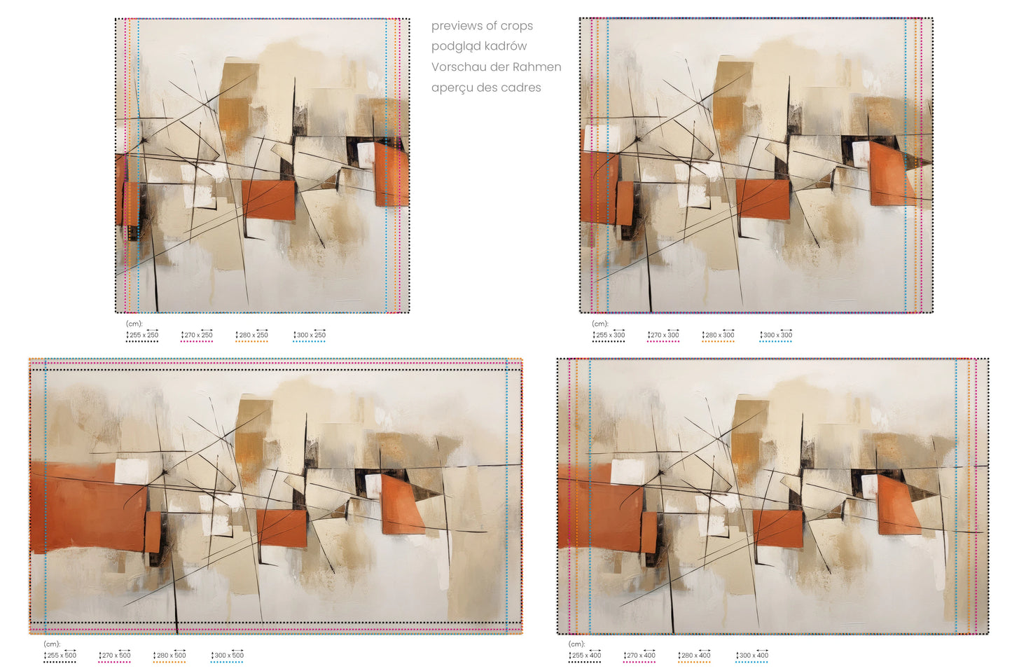 Na obrazie znajduje się prezentacja przykładowych rozmiarów fototapety o nazwie Terracotta Abstract. Rozmiar fototapety jest dowolny.
