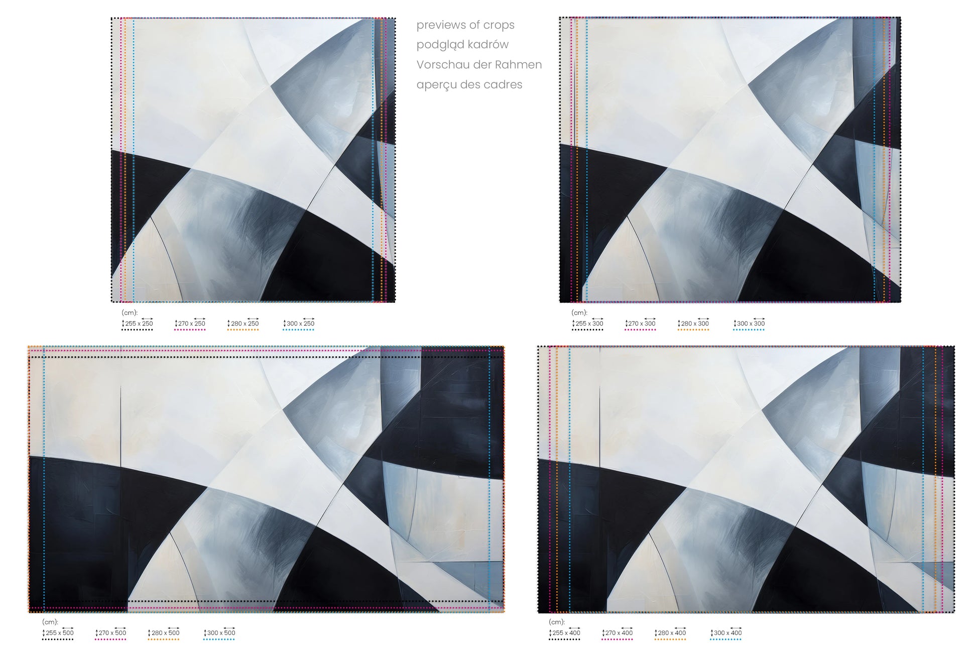 Na obrazie znajduje się prezentacja przykładowych rozmiarów fototapety o nazwie Shades of Geometry. Rozmiar fototapety jest dowolny.
