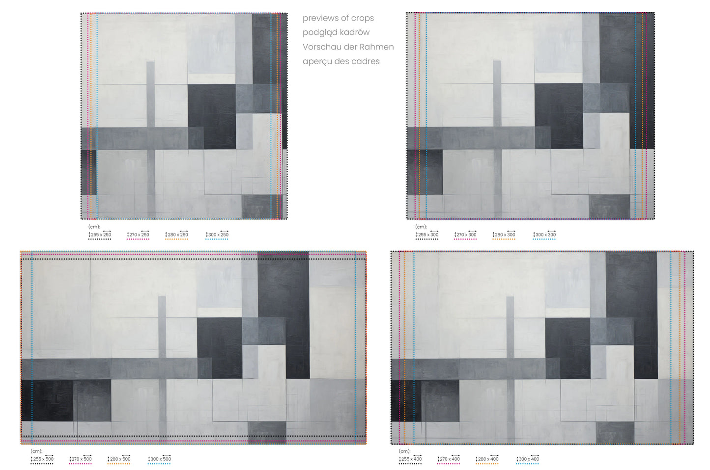 Na obrazie znajduje się prezentacja przykładowych rozmiarów fototapety o nazwie Abstract Intersection. Rozmiar fototapety jest dowolny.