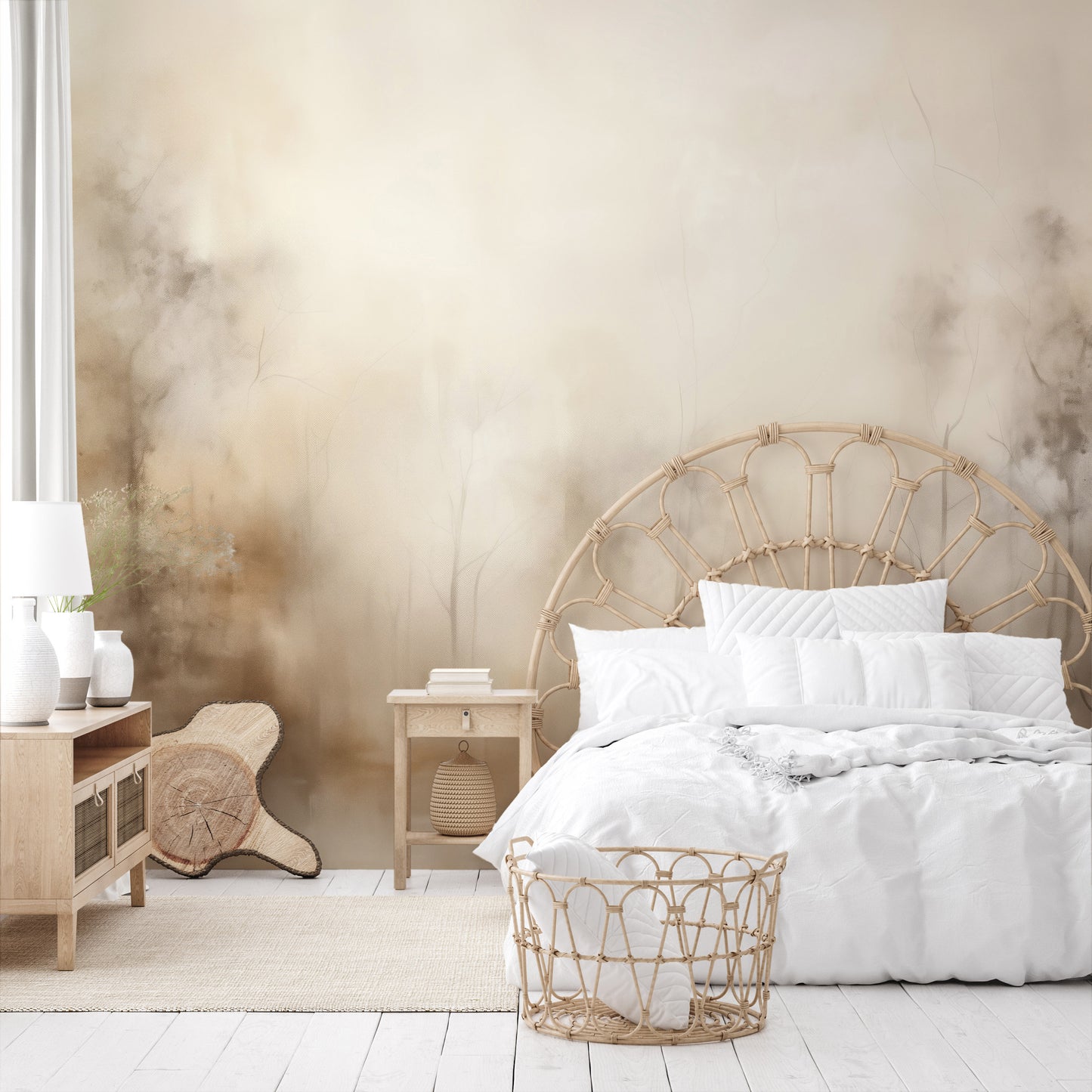 Wzór fototapety o nazwie SEPIA SILENCE FOREST MURAL pokazanej w kontekście pomieszczenia.