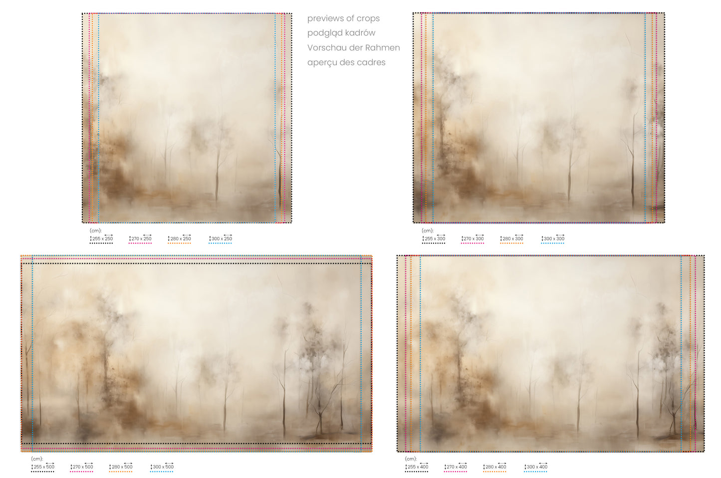 Na obrazie znajduje się prezentacja przykładowych rozmiarów fototapety o nazwie SEPIA SILENCE FOREST MURAL. Rozmiar fototapety jest dowolny.