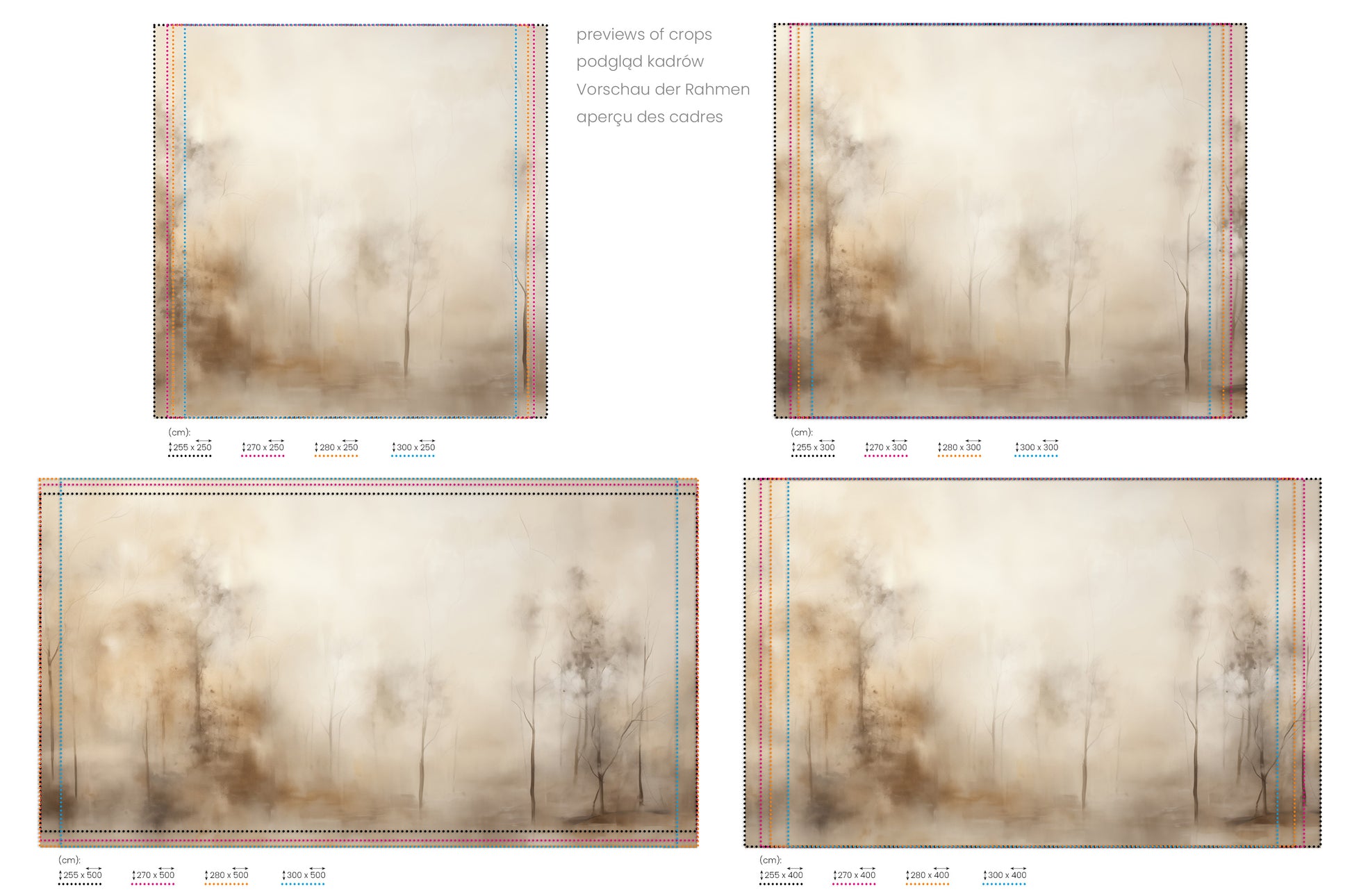 Na obrazie znajduje się prezentacja przykładowych rozmiarów fototapety o nazwie SEPIA SILENCE FOREST MURAL. Rozmiar fototapety jest dowolny.