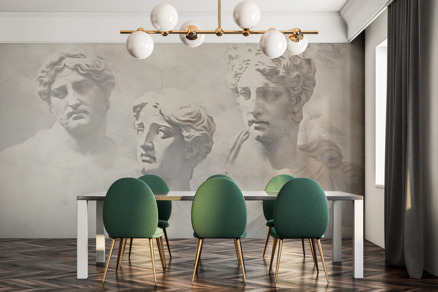Wzór fototapety malowanej o nazwie Apollo and Daphne pokazanej w aranżacji wnętrza.