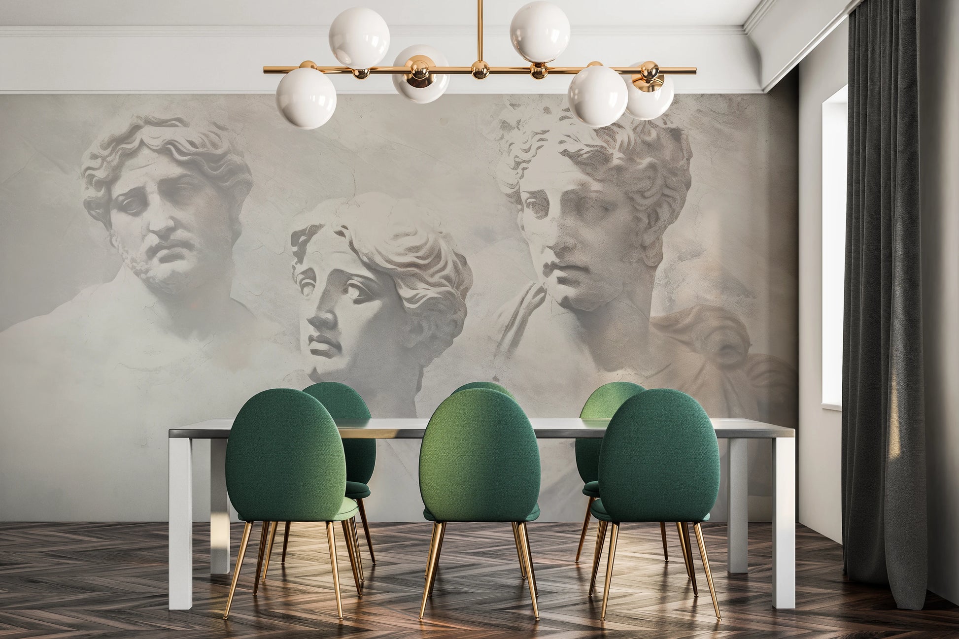 Wzór fototapety malowanej o nazwie Apollo and Daphne pokazanej w aranżacji wnętrza.