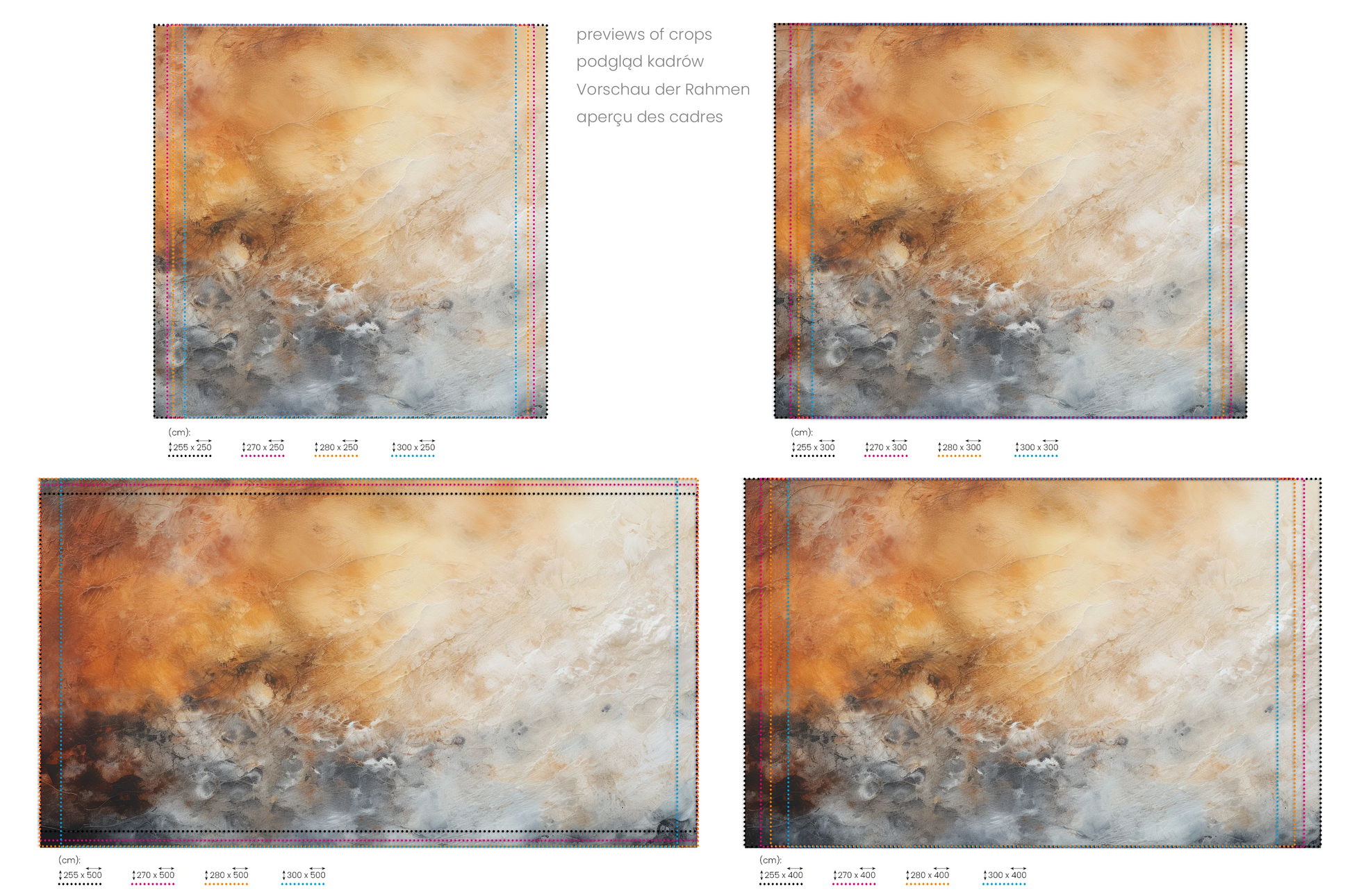 Na obrazie znajduje się prezentacja przykładowych rozmiarów fototapety o nazwie Venusian Haze. Rozmiar fototapety jest dowolny.