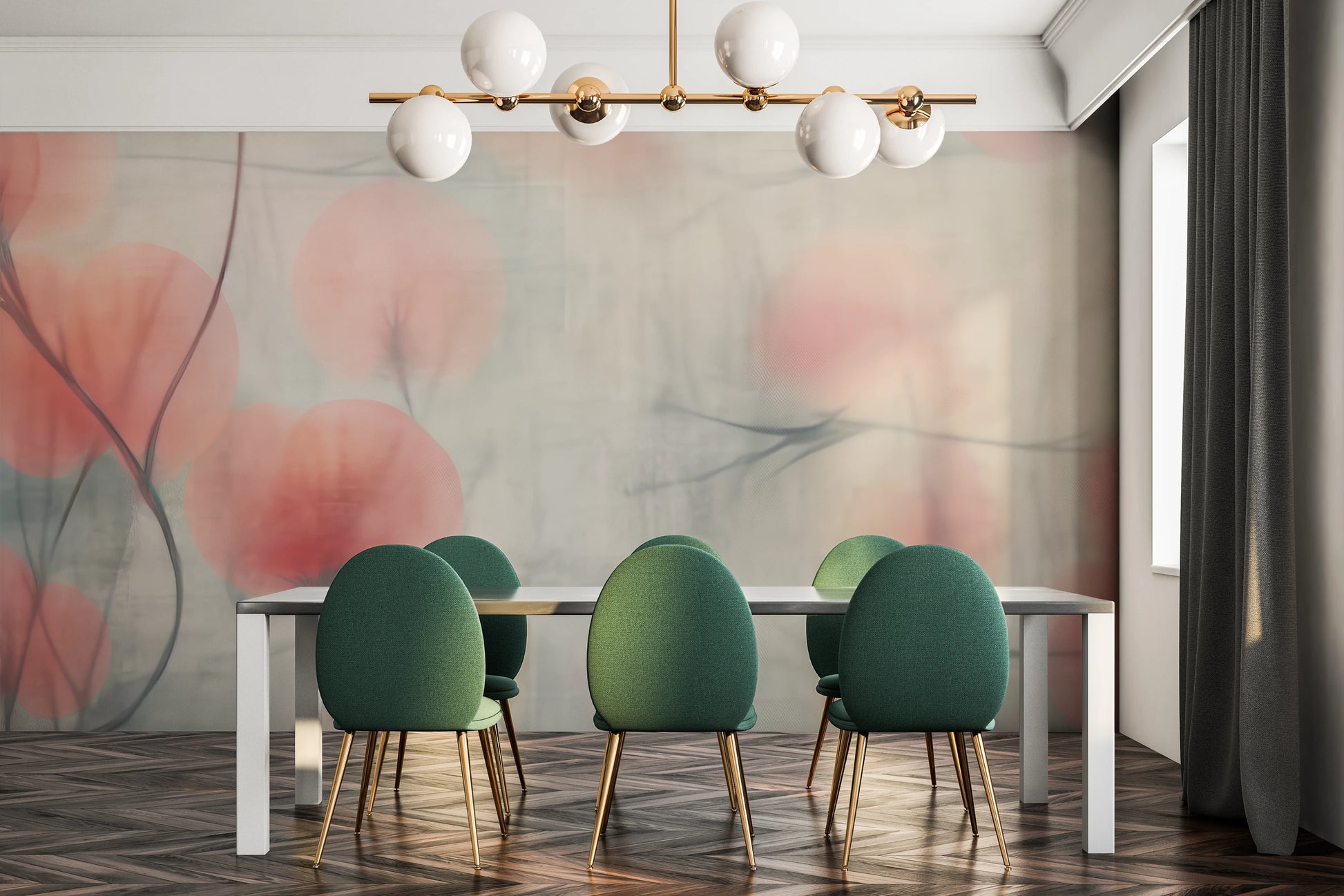 Wzór fototapety o nazwie Misty Flora Softness pokazanej w kontekście pomieszczenia.