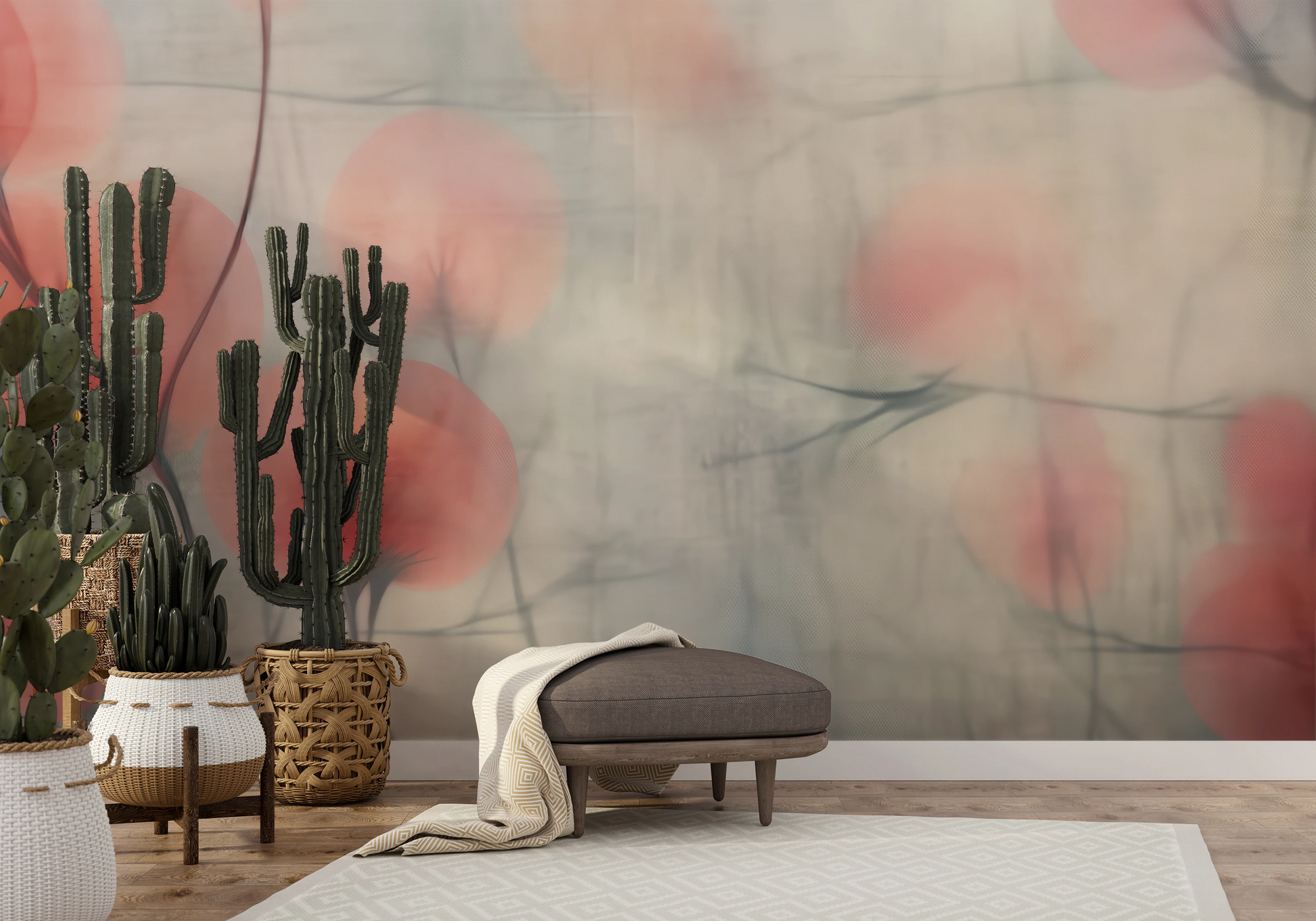 Wzór fototapety artystycznej o nazwie Misty Flora Softness pokazanej w aranżacji wnętrza.