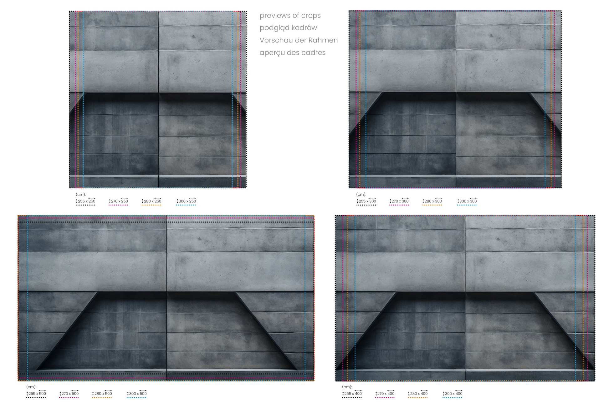 Na obrazie znajduje się prezentacja przykładowych rozmiarów fototapety o nazwie Layered Intersection. Rozmiar fototapety jest dowolny.