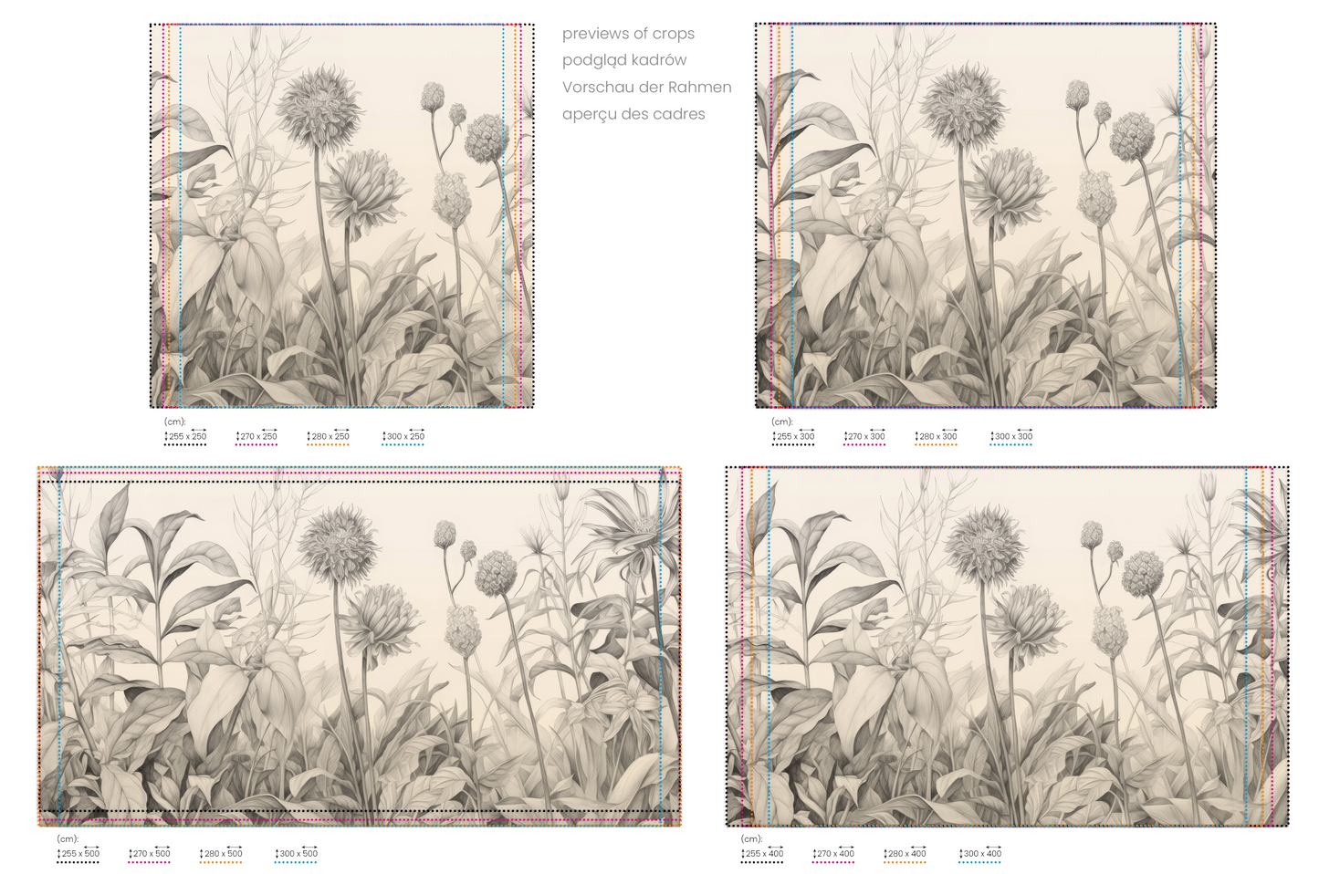 Na obrazie znajduje się prezentacja przykładowych rozmiarów fototapety o nazwie Delicate Flora. Rozmiar fototapety jest dowolny.