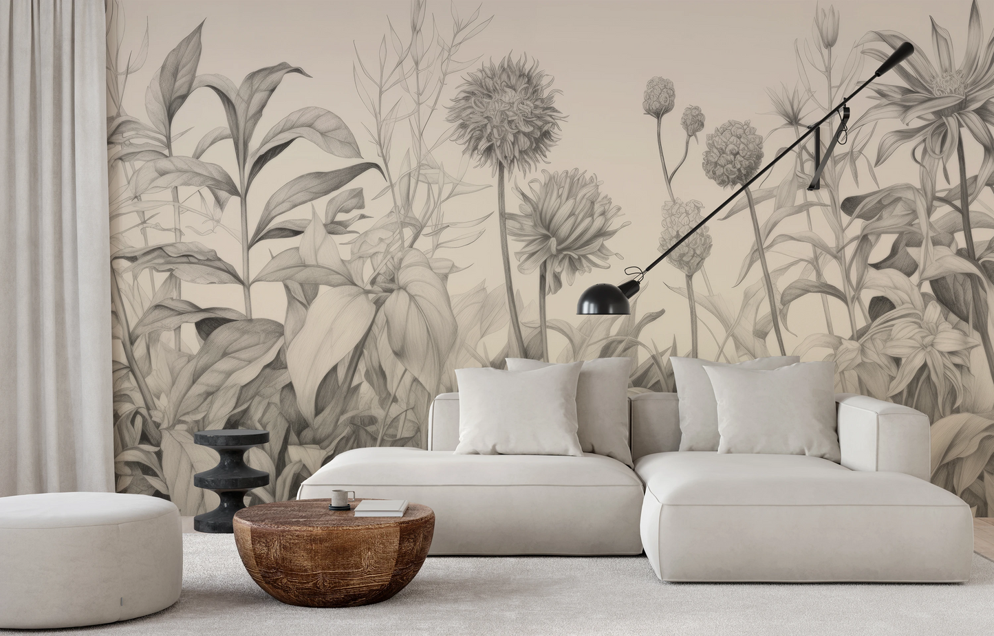 Wzór fototapety artystycznej o nazwie Delicate Flora pokazanej w aranżacji wnętrza.