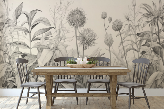 Wzór fototapety artystycznej o nazwie Delicate Flora pokazanej w aranżacji wnętrza.