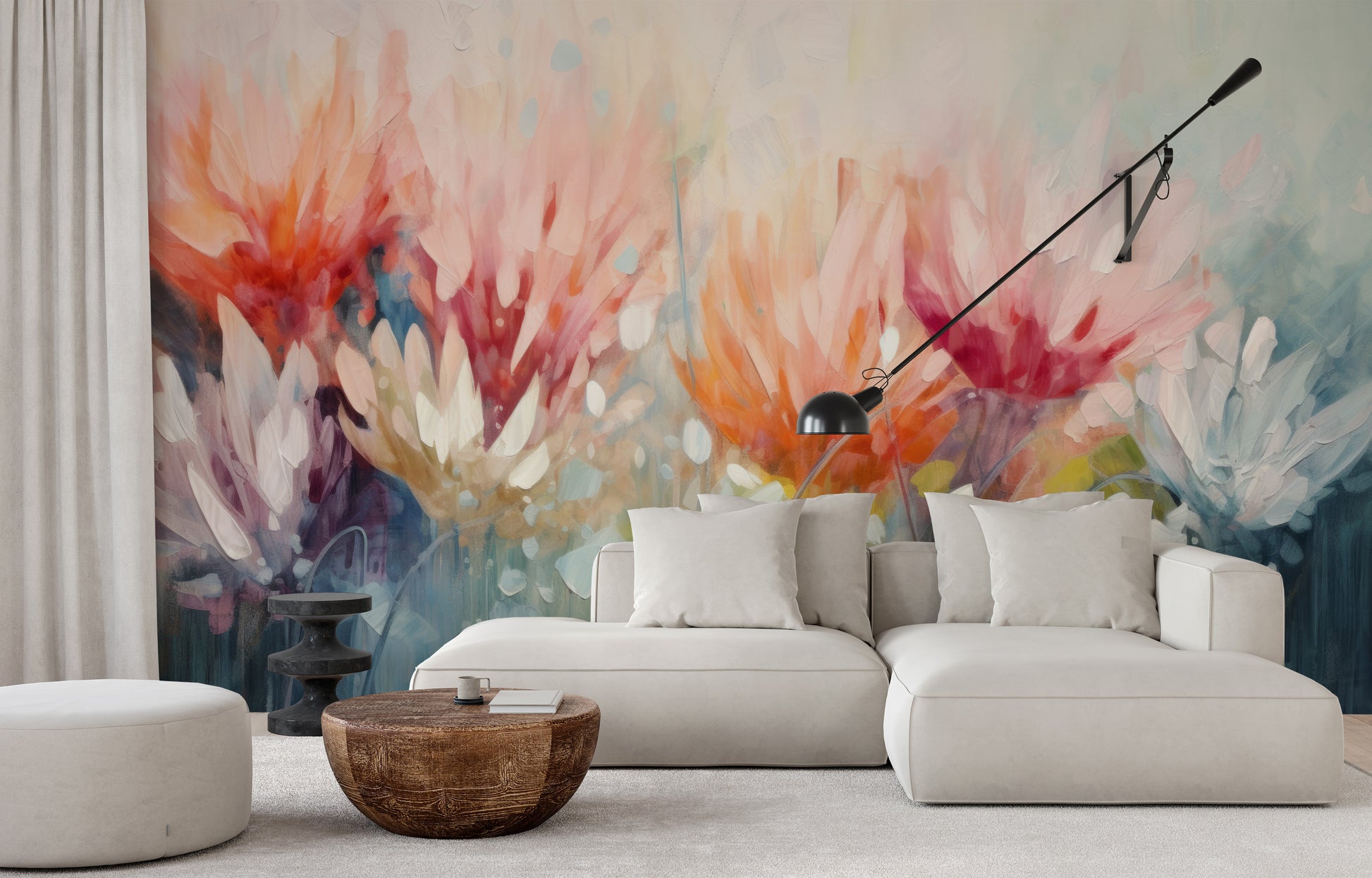 Fototapeta artystyczna o nazwie Fiery Petal Fusion pokazana w aranżacji wnętrza.