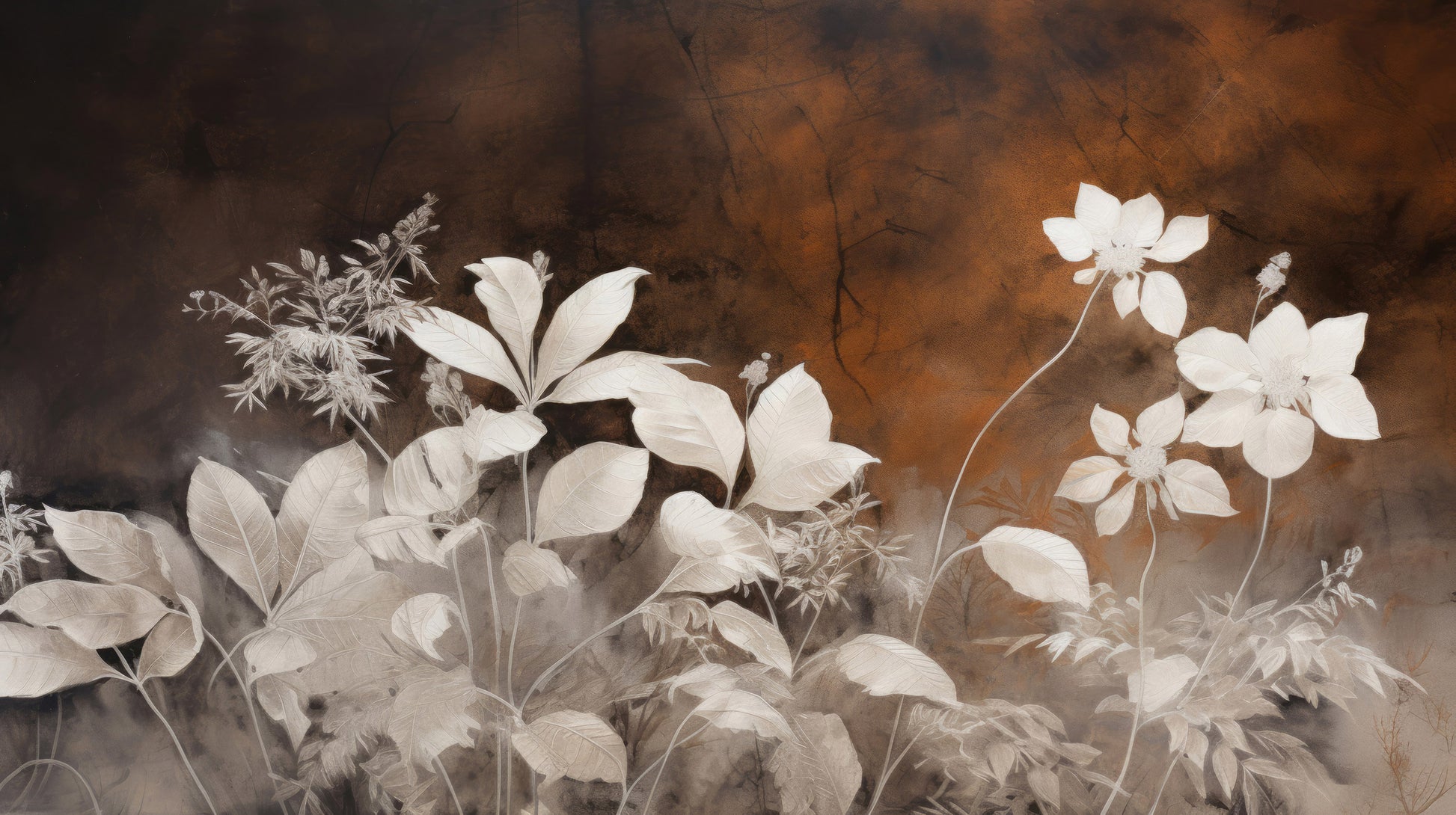 Prezentacja całego wzoru fototapety o nazwie Bronze Leaf Silhouettes