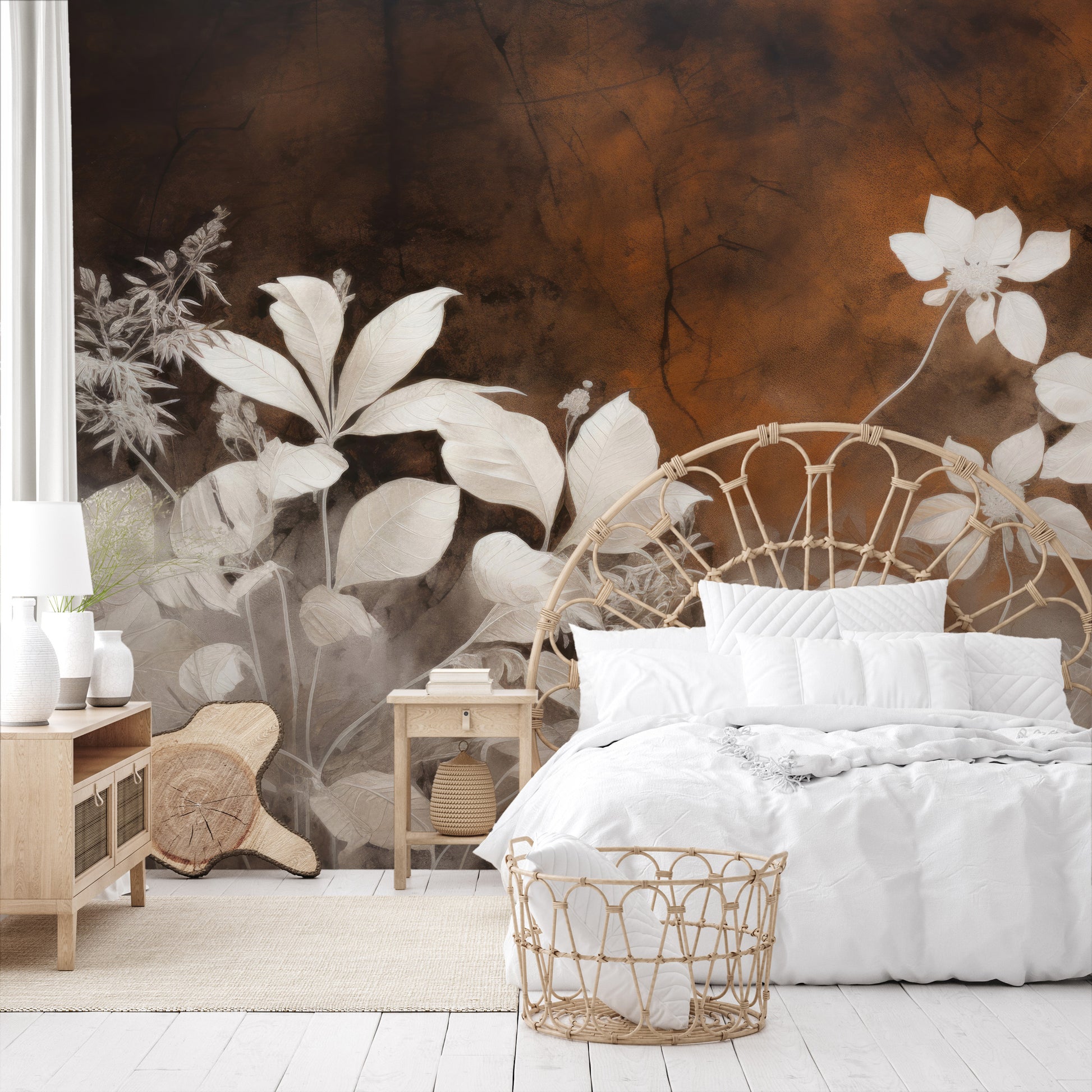 Wzór fototapety malowanej o nazwie Bronze Leaf Silhouettes pokazanej w aranżacji wnętrza.