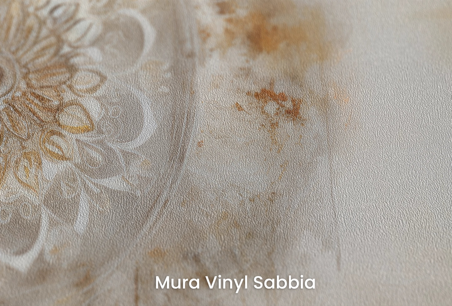Zbliżenie na artystyczną fototapetę o nazwie Timeless Mandala na podłożu Mura Vinyl Sabbia struktura grubego ziarna piasku.