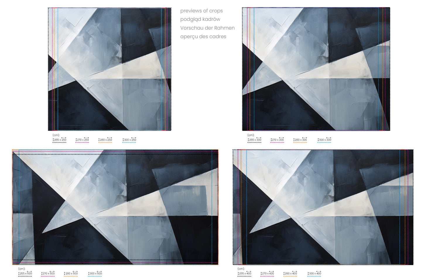 Na obrazie znajduje się prezentacja przykładowych rozmiarów fototapety o nazwie Geometric Harmony. Rozmiar fototapety jest dowolny.