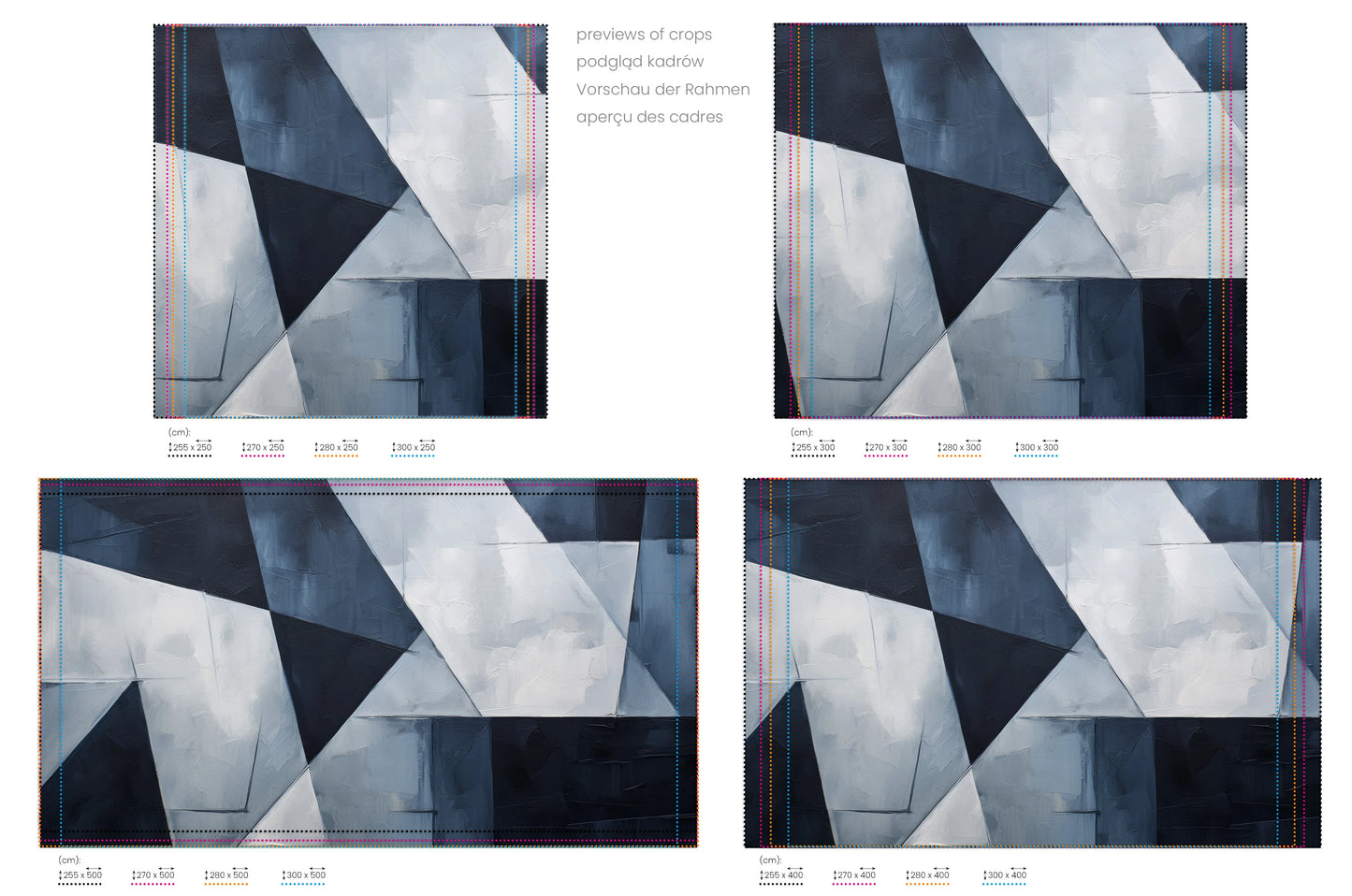 Na obrazie znajduje się prezentacja przykładowych rozmiarów fototapety o nazwie Abstract Dimension. Rozmiar fototapety jest dowolny.