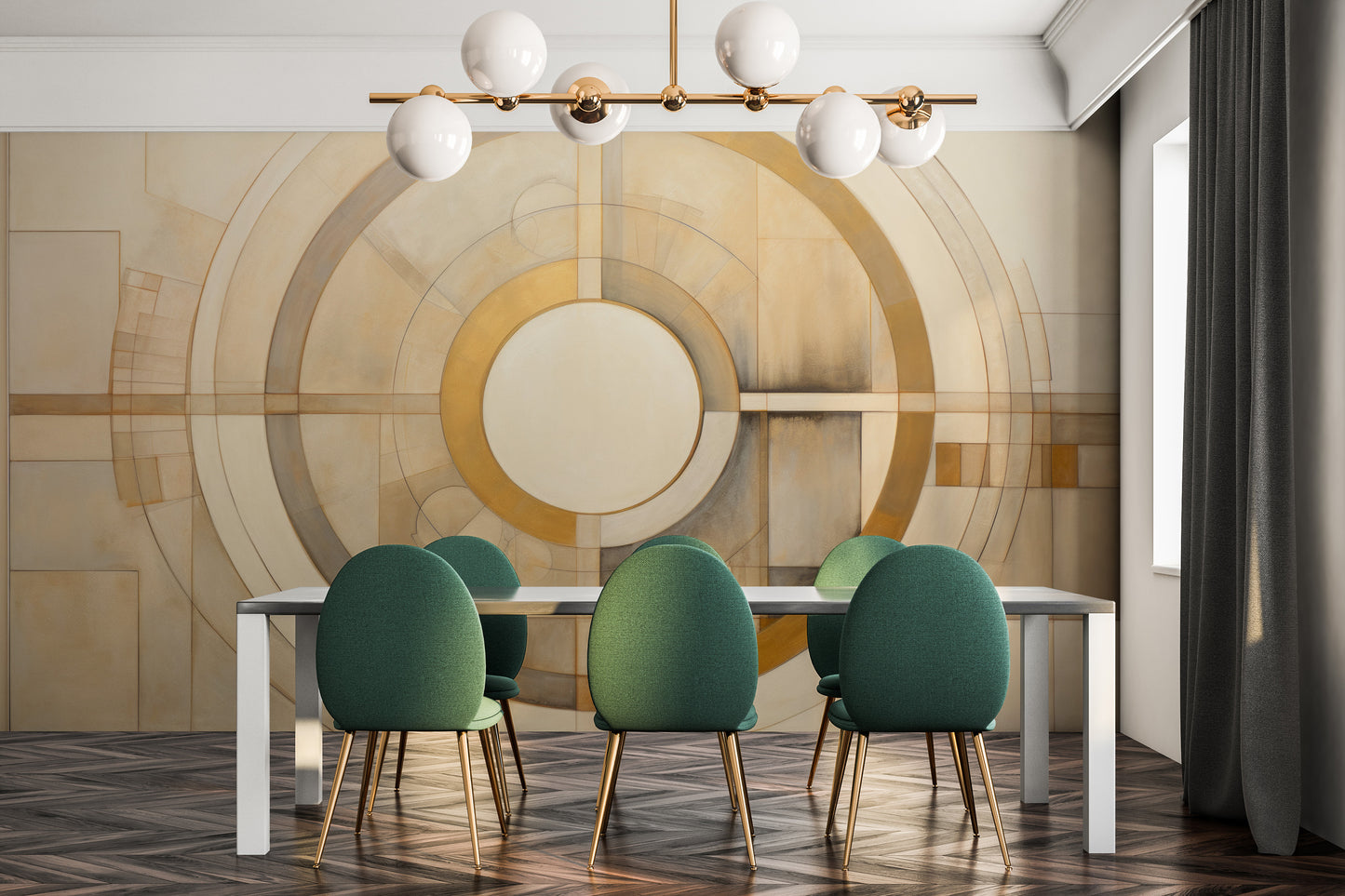 Wzór fototapety artystycznej o nazwie CIRCULAR SYMMETRY IN GOLD AND CREAM pokazanej w aranżacji wnętrza.