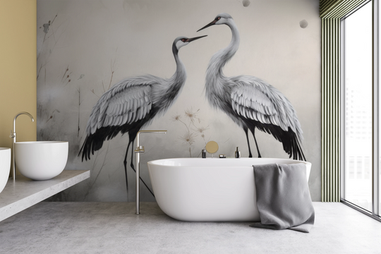 Wzór fototapety artystycznej o nazwie Silent Duet pokazanej w aranżacji wnętrza.