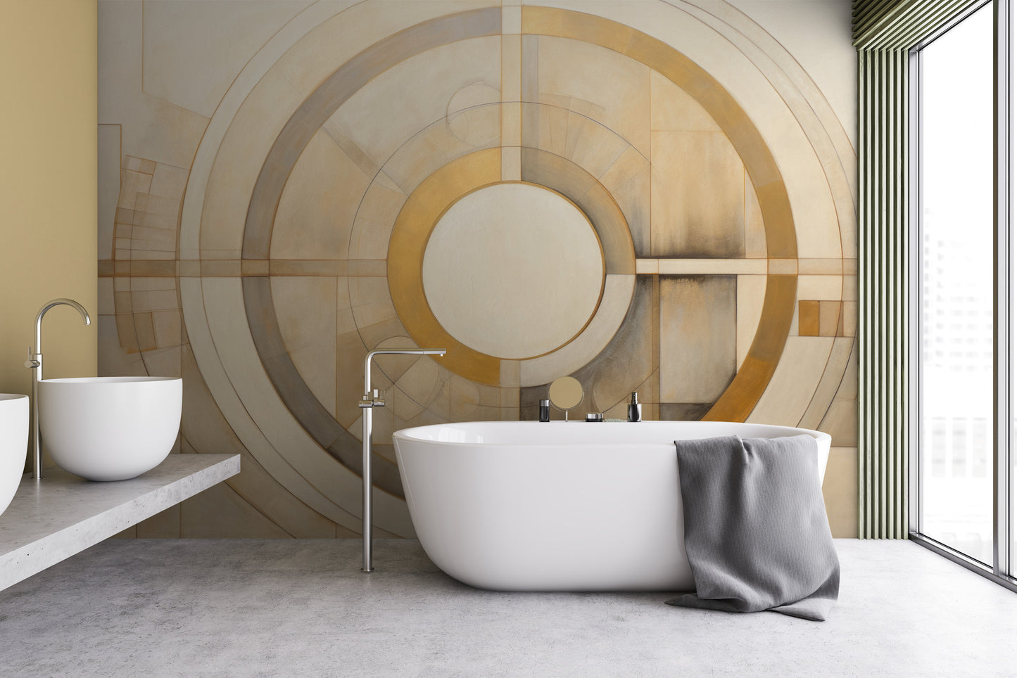 Fototapeta artystyczna o nazwie CIRCULAR SYMMETRY IN GOLD AND CREAM pokazana w aranżacji wnętrza.