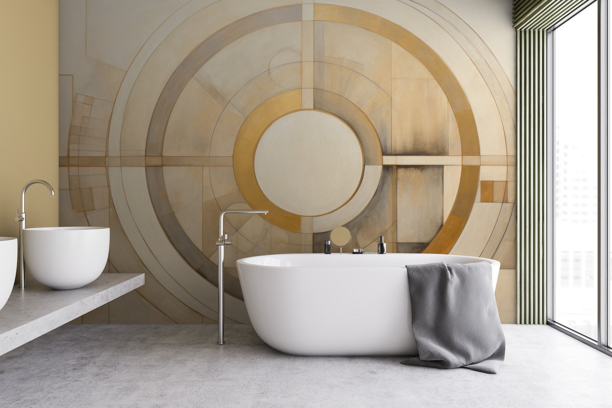 Fototapeta artystyczna o nazwie CIRCULAR SYMMETRY IN GOLD AND CREAM pokazana w aranżacji wnętrza.