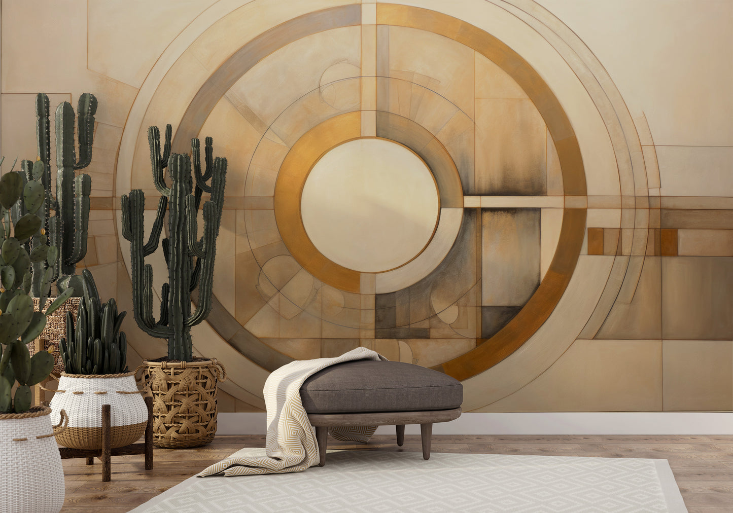 Zdjęcie prezentuje aranżację wnętrza z użyciem fototapety o nazwie CIRCULAR SYMMETRY IN GOLD AND CREAM pokazanej w aranżacji wnętrza.