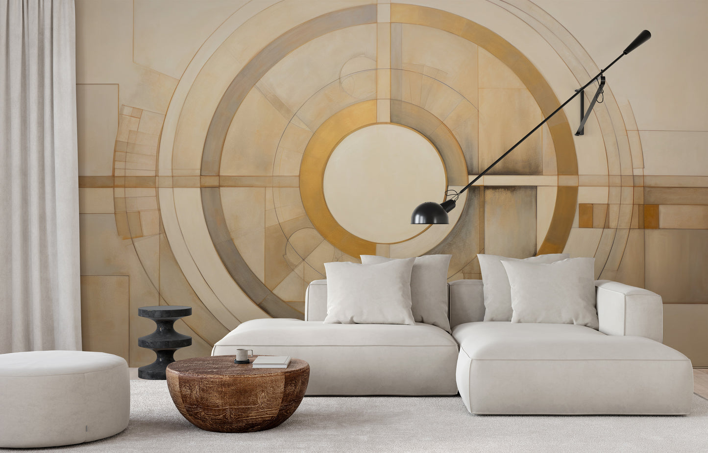 Fototapeta malowana o nazwie CIRCULAR SYMMETRY IN GOLD AND CREAM pokazana w aranżacji wnętrza.