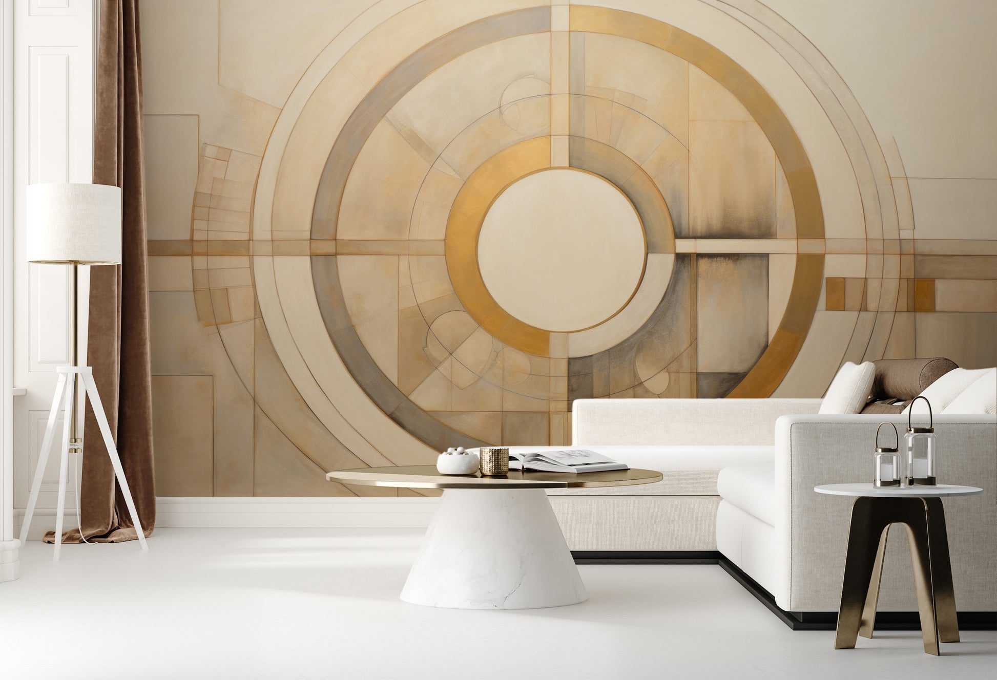 Wzór fototapety o nazwie CIRCULAR SYMMETRY IN GOLD AND CREAM pokazanej w kontekście pomieszczenia.