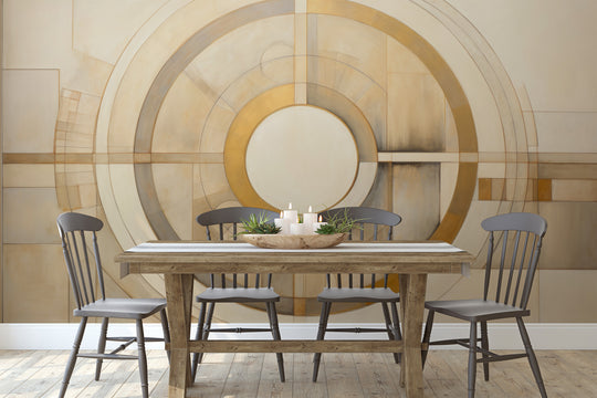 Wzór fototapety artystycznej o nazwie CIRCULAR SYMMETRY IN GOLD AND CREAM pokazanej w aranżacji wnętrza.