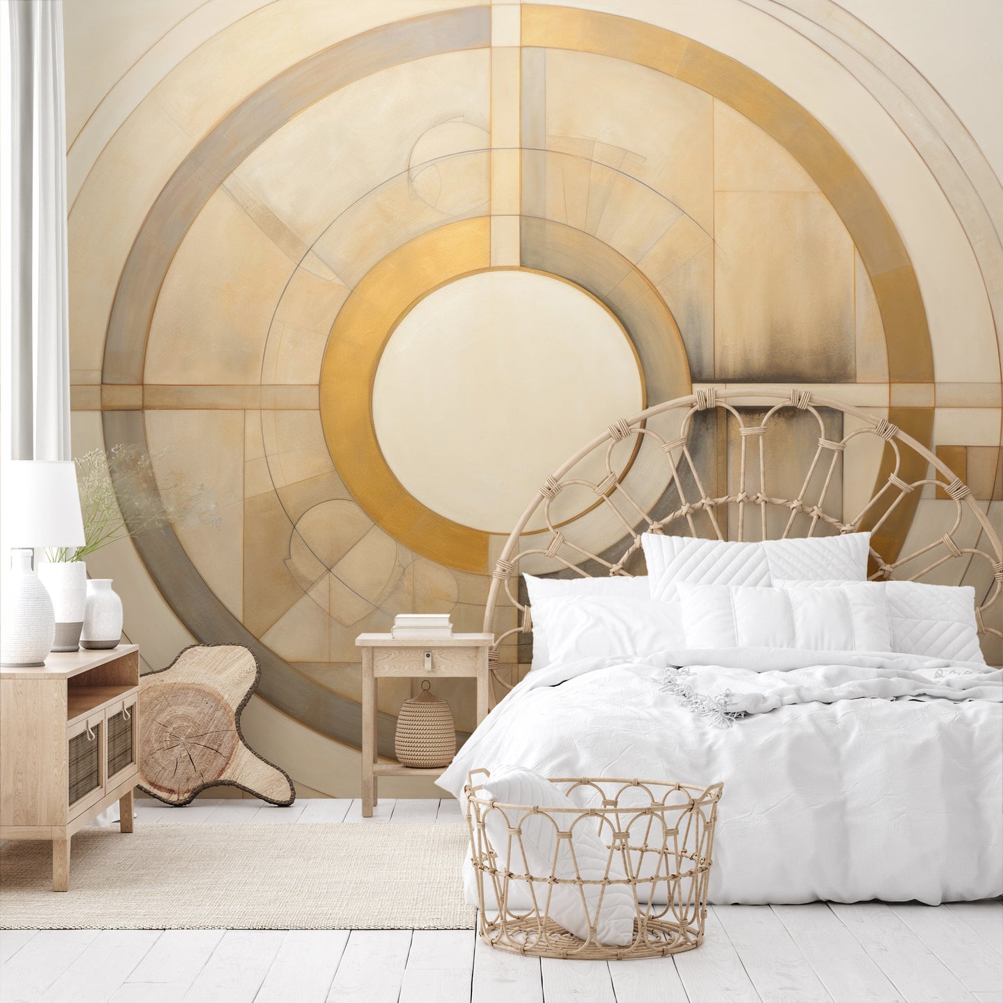 Fototapeta o nazwie CIRCULAR SYMMETRY IN GOLD AND CREAM użyta w aranzacji wnętrza.