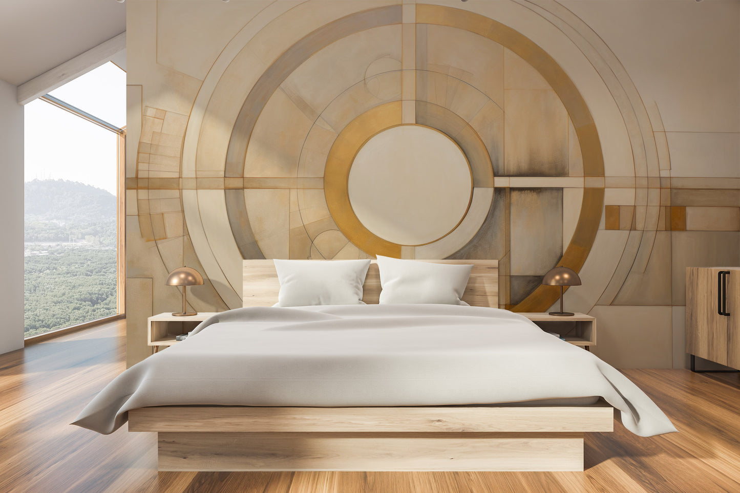 Wzór fototapety malowanej o nazwie CIRCULAR SYMMETRY IN GOLD AND CREAM pokazanej w aranżacji wnętrza.