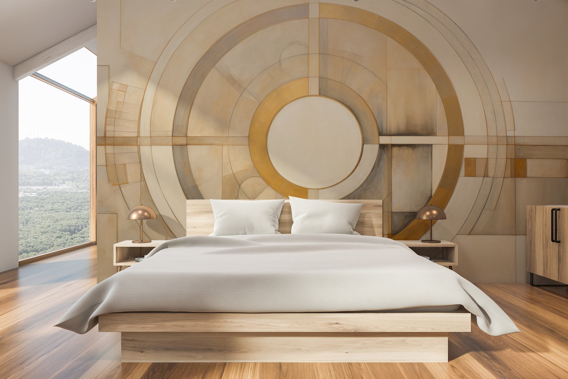 Wzór fototapety malowanej o nazwie CIRCULAR SYMMETRY IN GOLD AND CREAM pokazanej w aranżacji wnętrza.