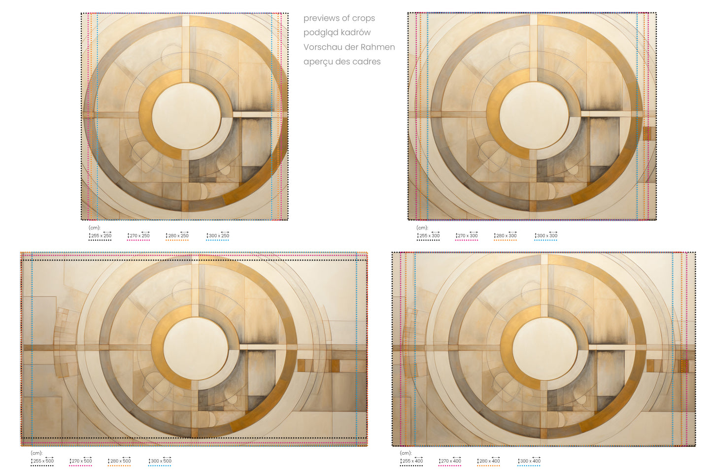 Na obrazie znajduje się prezentacja przykładowych rozmiarów fototapety o nazwie CIRCULAR SYMMETRY IN GOLD AND CREAM. Rozmiar fototapety jest dowolny.