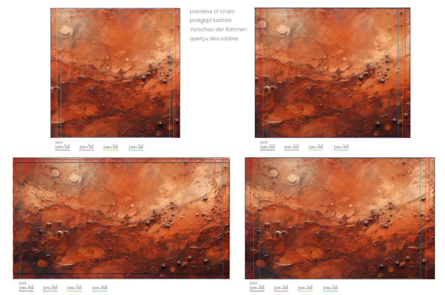 Na obrazie znajduje się prezentacja przykładowych rozmiarów fototapety o nazwie Martian Dust. Rozmiar fototapety jest dowolny.