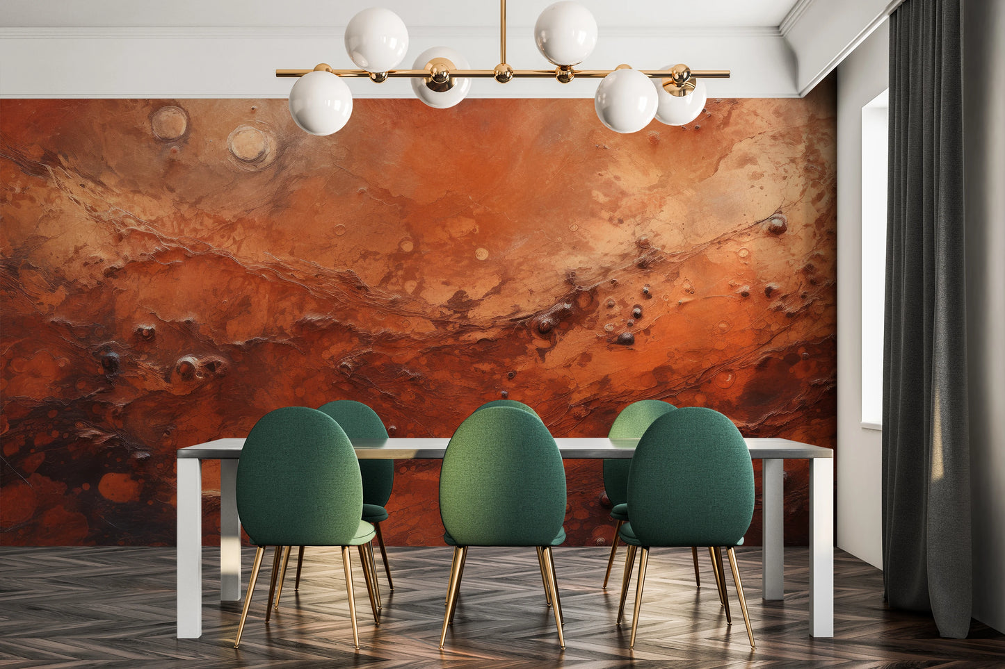 Zdjęcie prezentuje aranżację wnętrza z użyciem fototapety o nazwie Martian Dust pokazanej w aranżacji wnętrza.