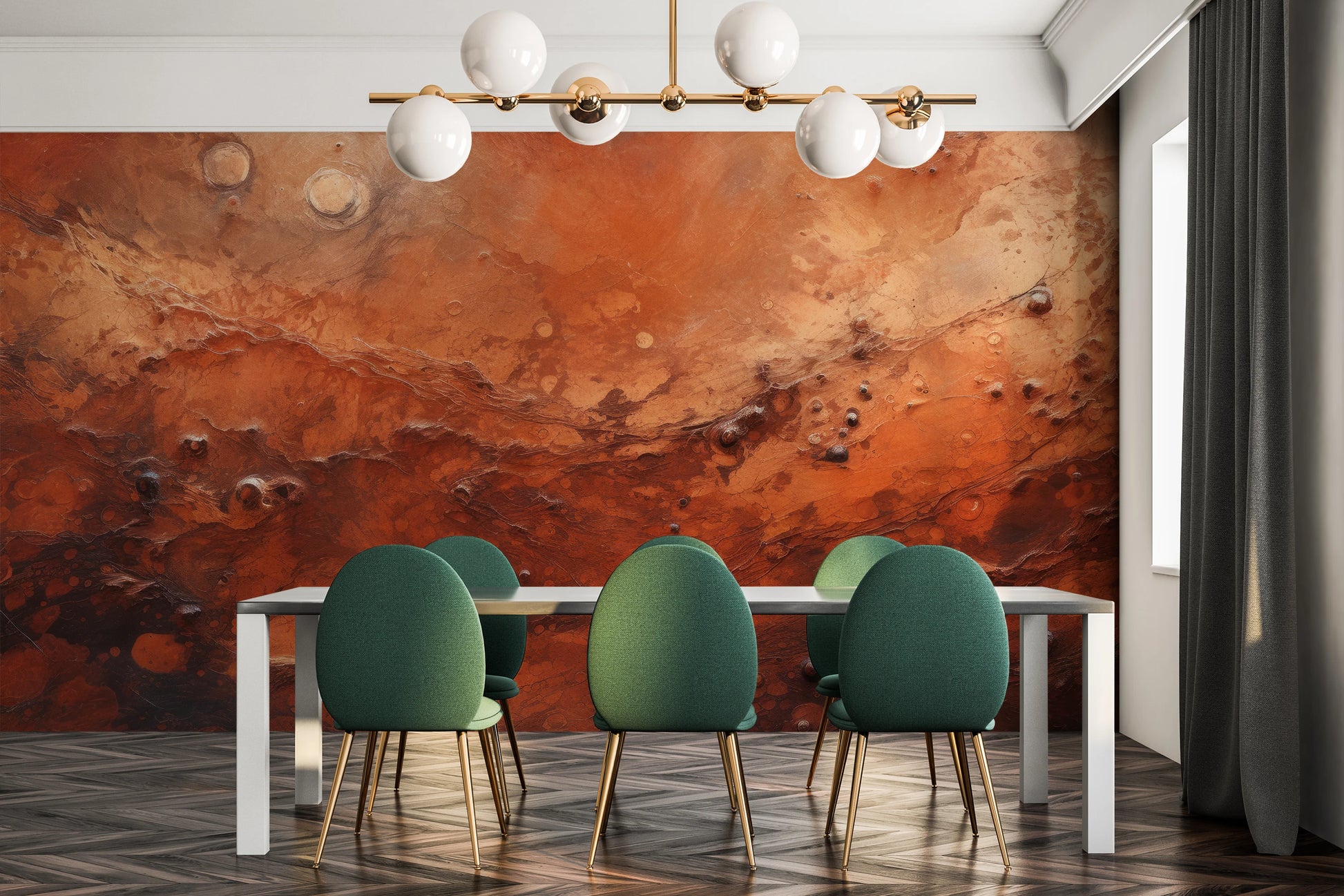 Zdjęcie prezentuje aranżację wnętrza z użyciem fototapety o nazwie Martian Dust pokazanej w aranżacji wnętrza.