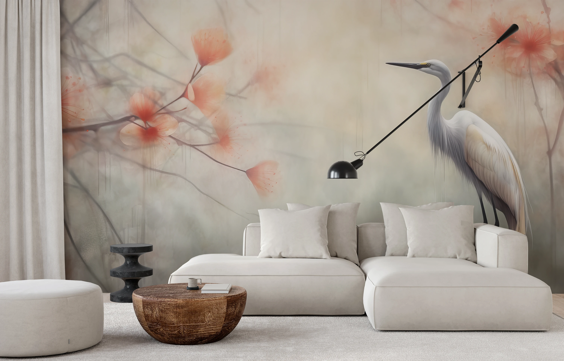 Wzór fototapety o nazwie Serene Heron pokazanej w kontekście pomieszczenia.