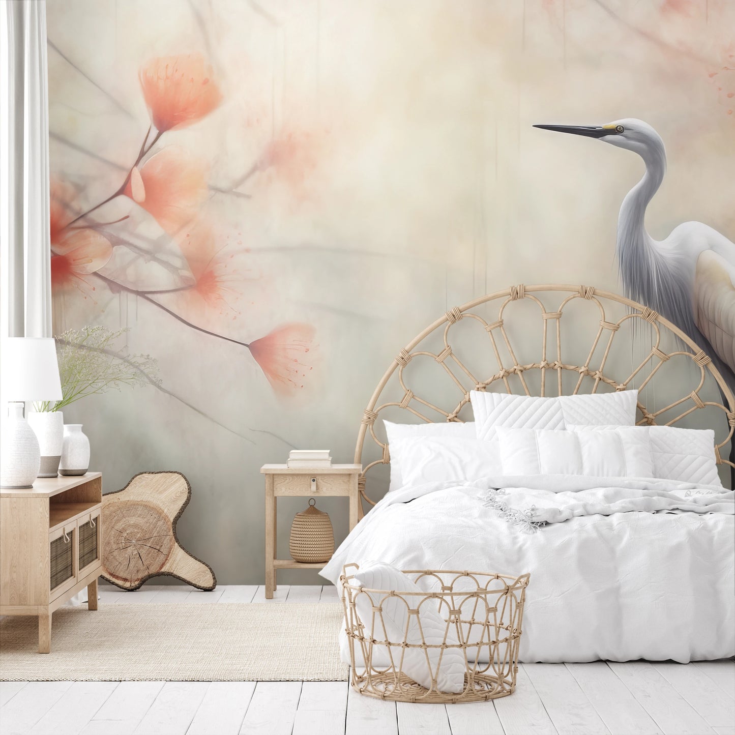 Wzór fototapety artystycznej o nazwie Serene Heron pokazanej w aranżacji wnętrza.