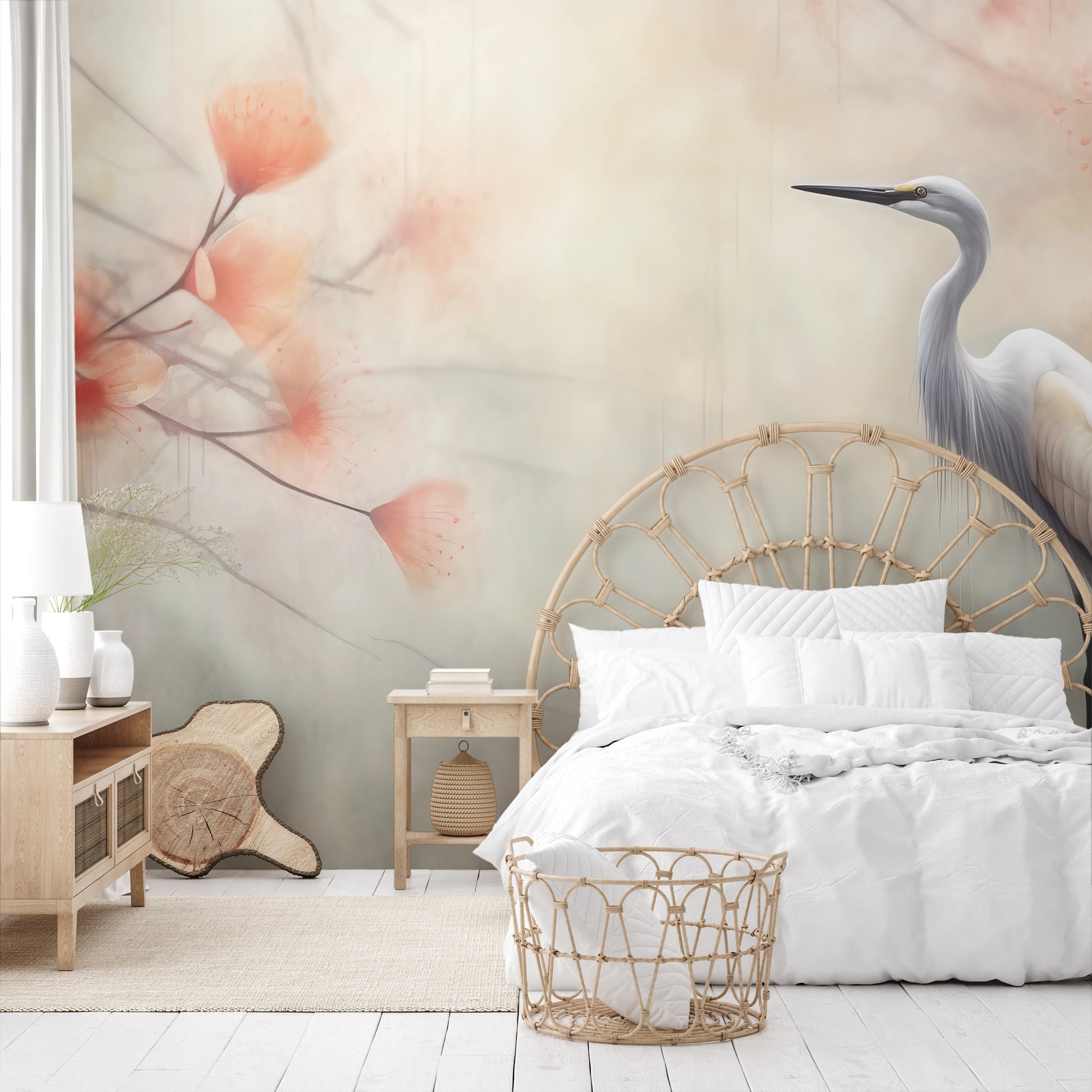Wzór fototapety artystycznej o nazwie Serene Heron pokazanej w aranżacji wnętrza.