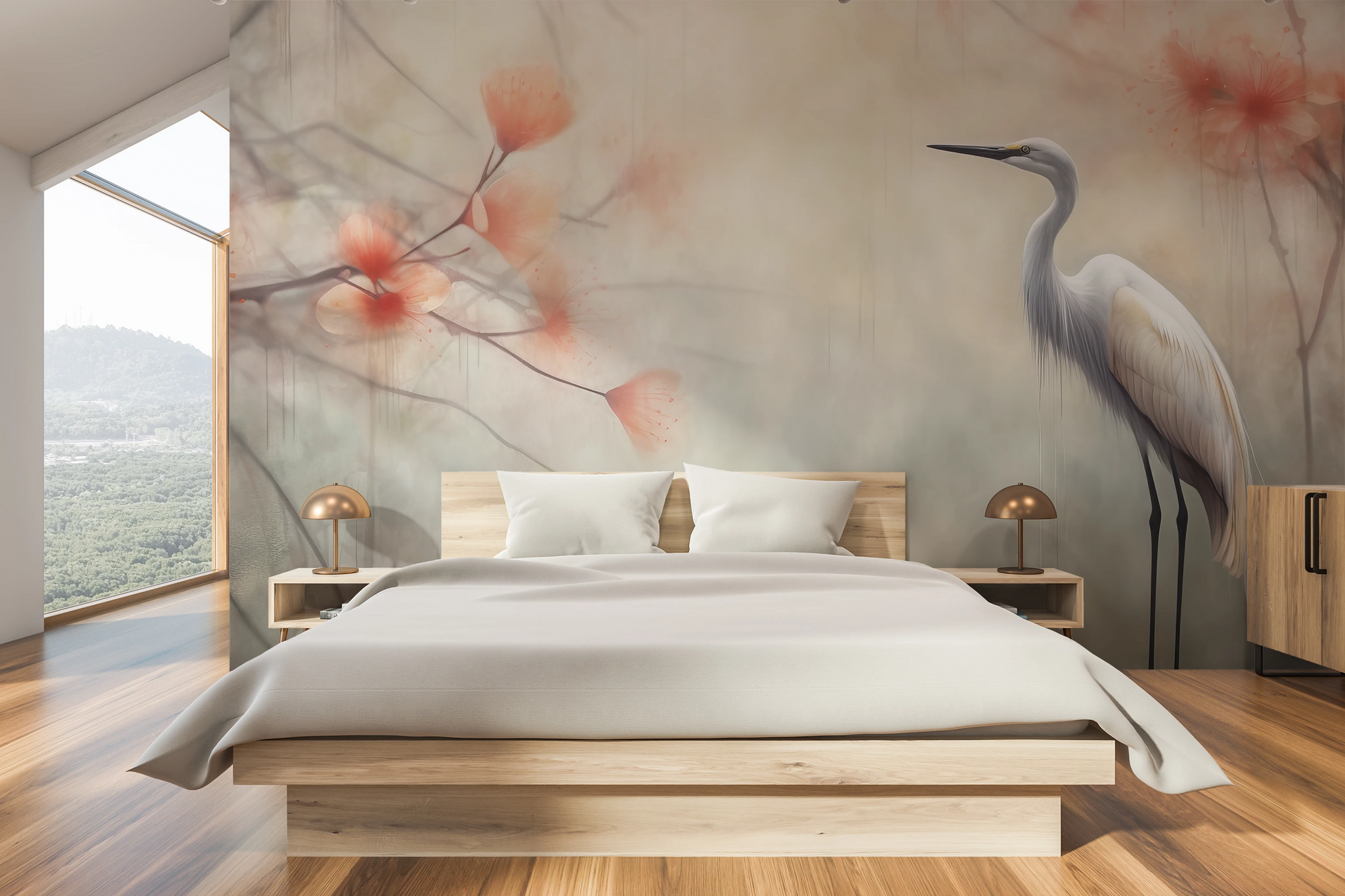 Fototapeta artystyczna o nazwie Serene Heron pokazana w aranżacji wnętrza.