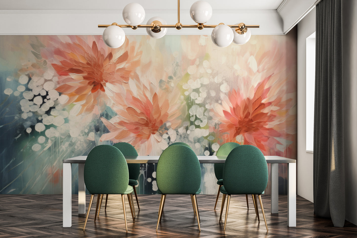 Wzór fototapety malowanej o nazwie Whispering Petal Elegance pokazanej w aranżacji wnętrza.