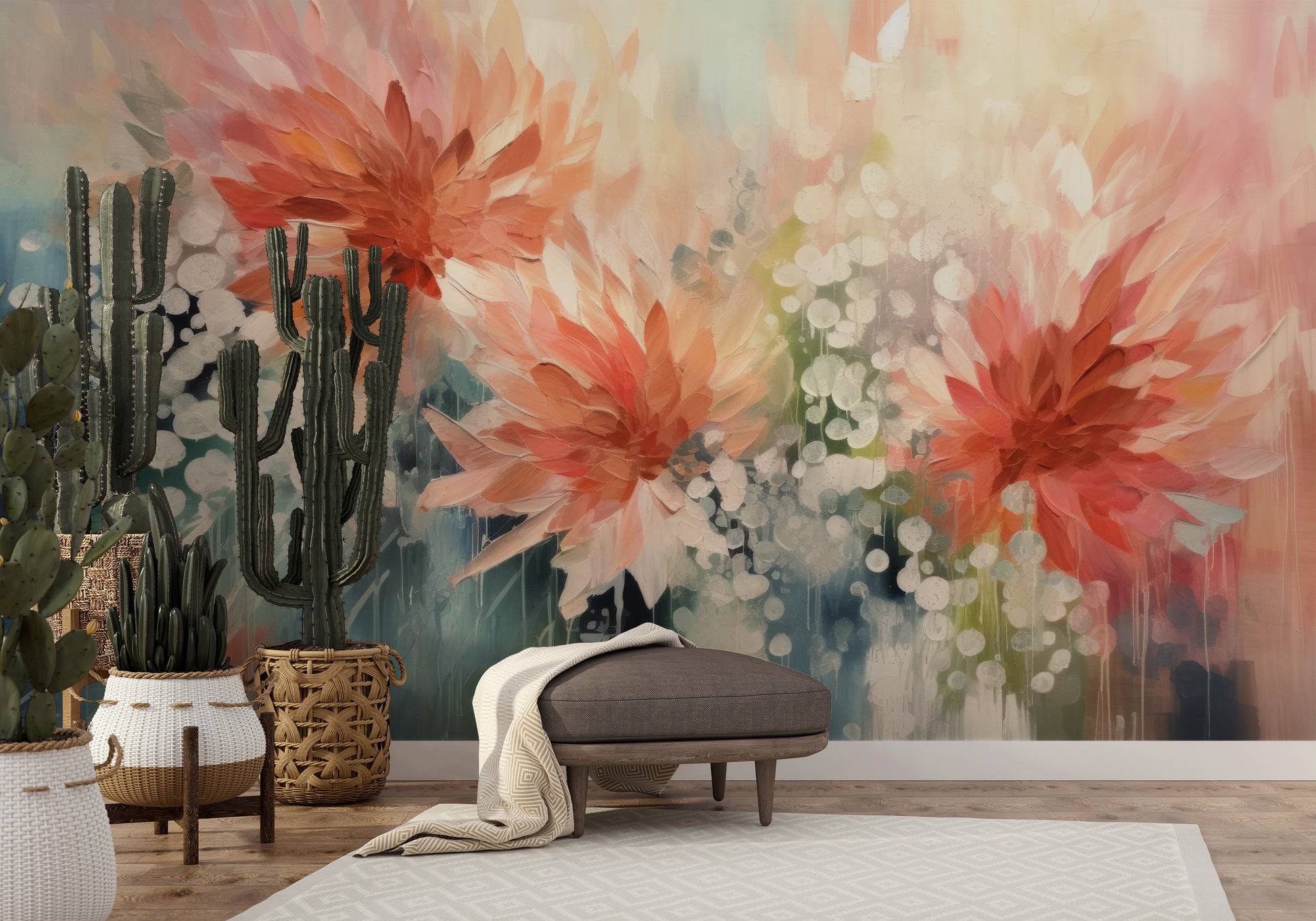 Fototapeta artystyczna o nazwie Whispering Petal Elegance pokazana w aranżacji wnętrza.